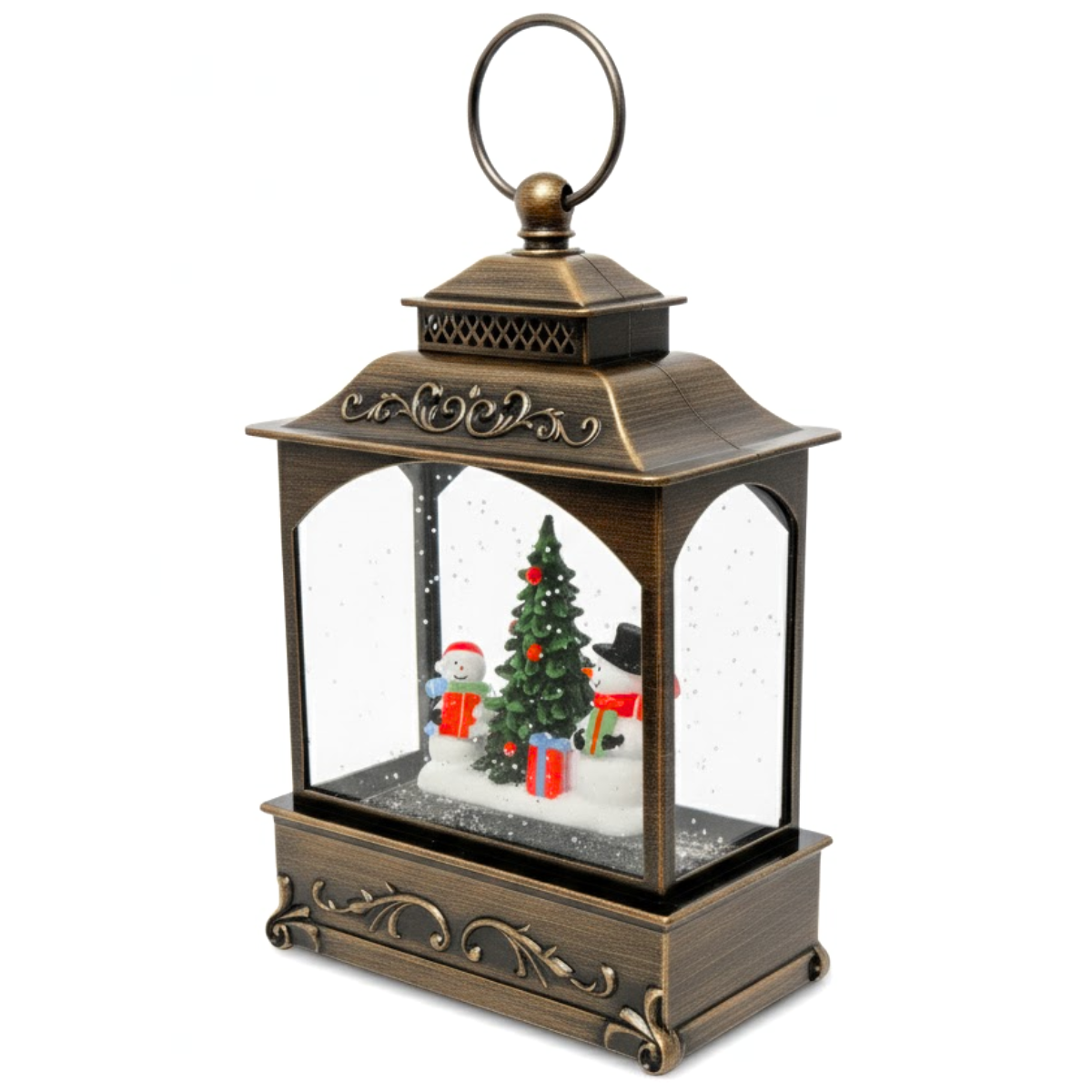 Felinar Decorativ Muzical, Brad de Craciun si Oameni de Zapada, Iluminare LED calda, Zapada in Miscare, Alimentare USB sau Baterii