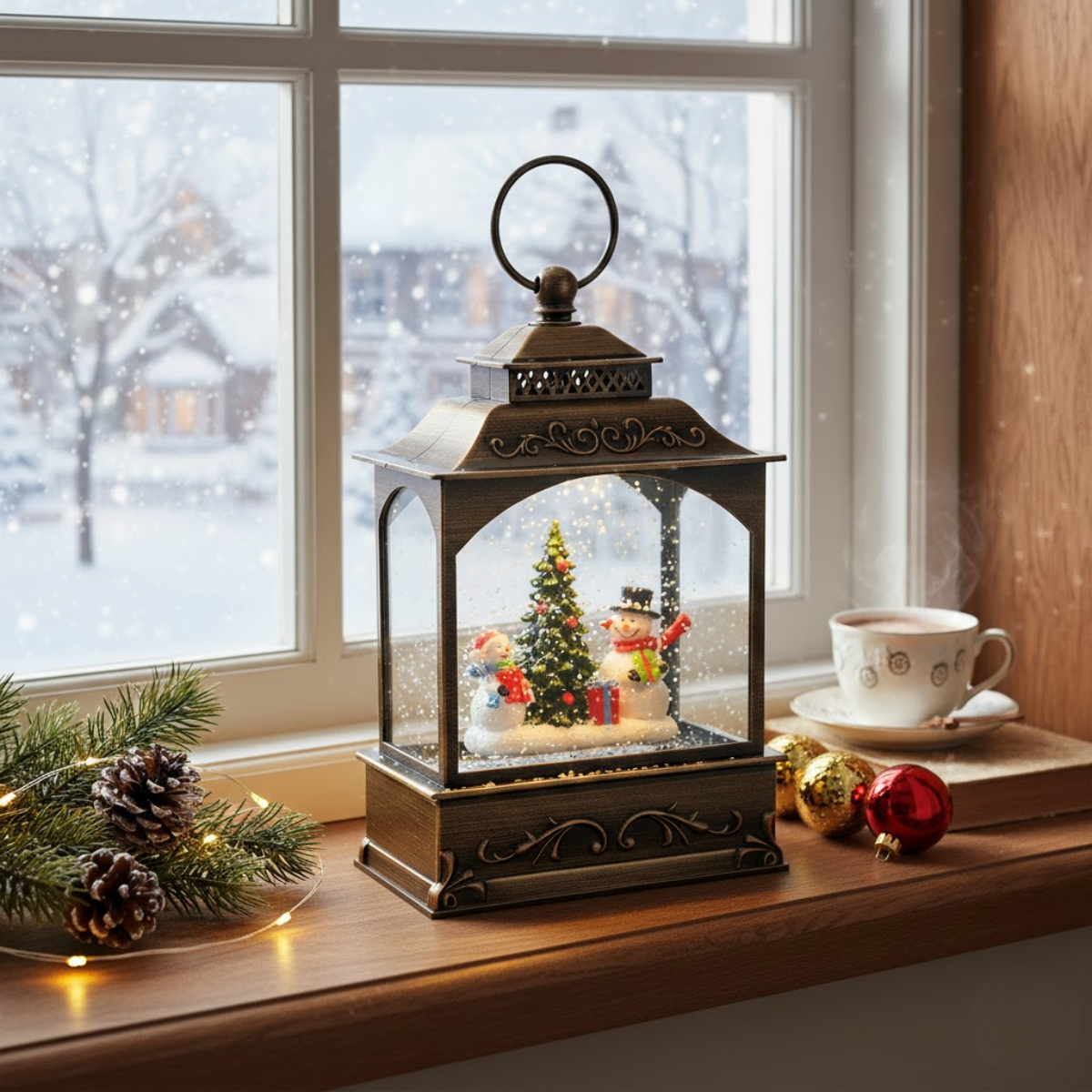 Felinar Decorativ Muzical, Brad de Craciun si Oameni de Zapada, Iluminare LED calda, Zapada in Miscare, Alimentare USB sau Baterii