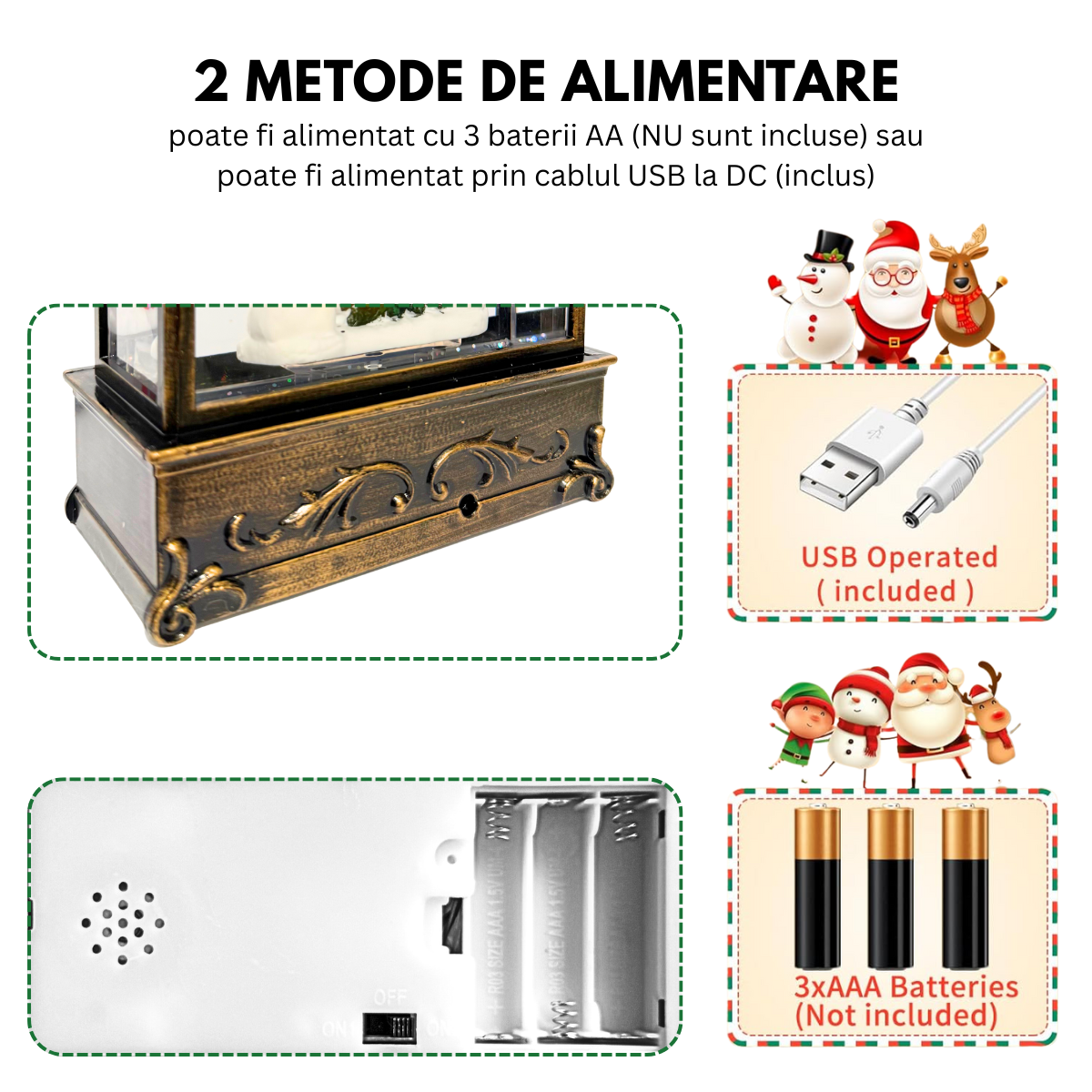 Felinar Decorativ Muzical, Brad de Craciun si Oameni de Zapada, Iluminare LED calda, Zapada in Miscare, Alimentare USB sau Baterii