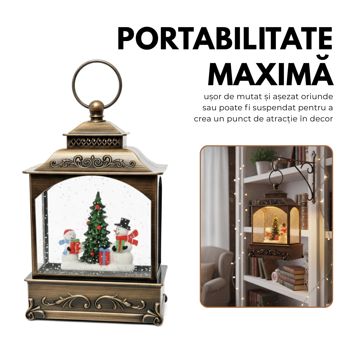 Felinar Decorativ Muzical, Brad de Craciun si Oameni de Zapada, Iluminare LED calda, Zapada in Miscare, Alimentare USB sau Baterii