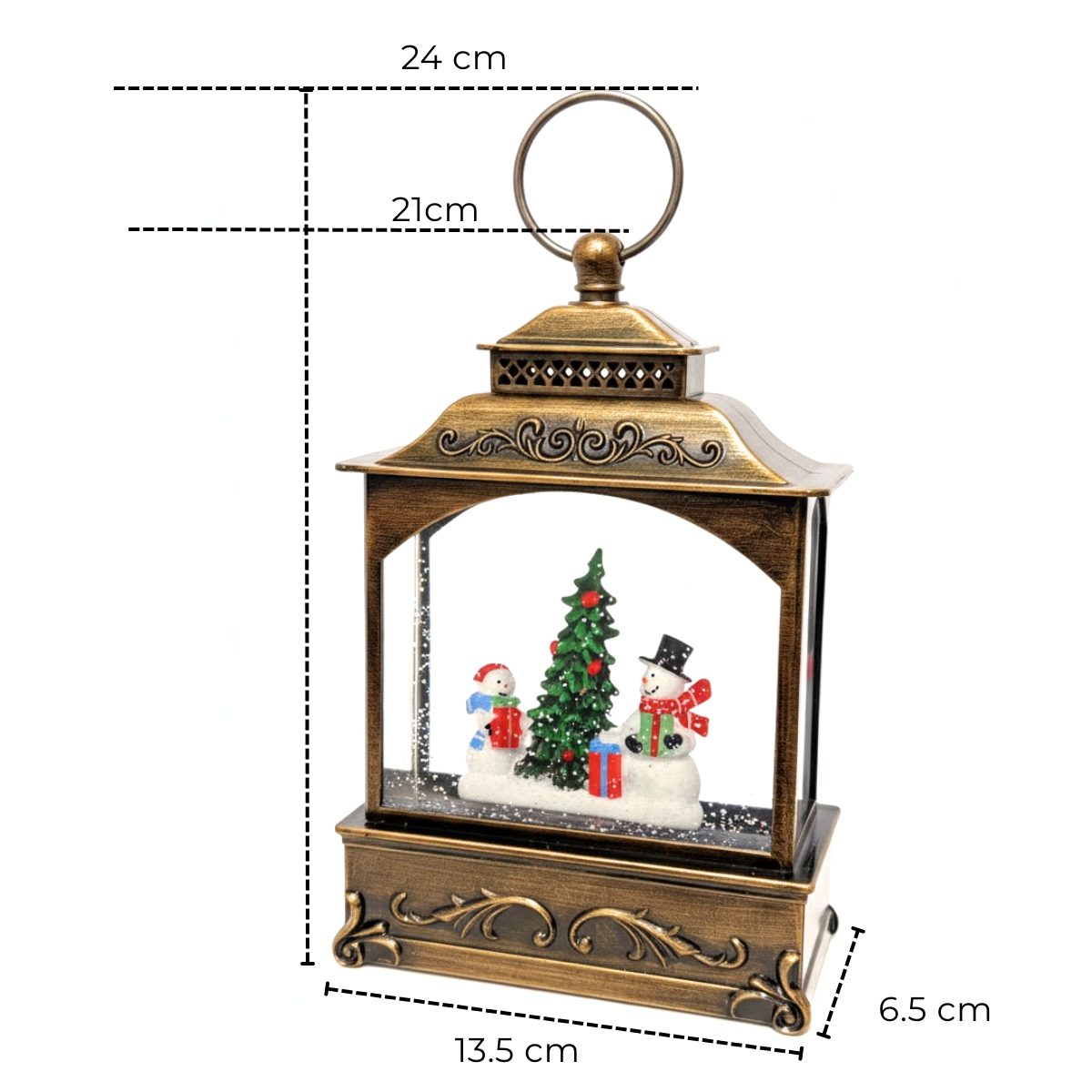 Felinar Decorativ Muzical, Brad de Craciun si Oameni de Zapada, Iluminare LED calda, Zapada in Miscare, Alimentare USB sau Baterii