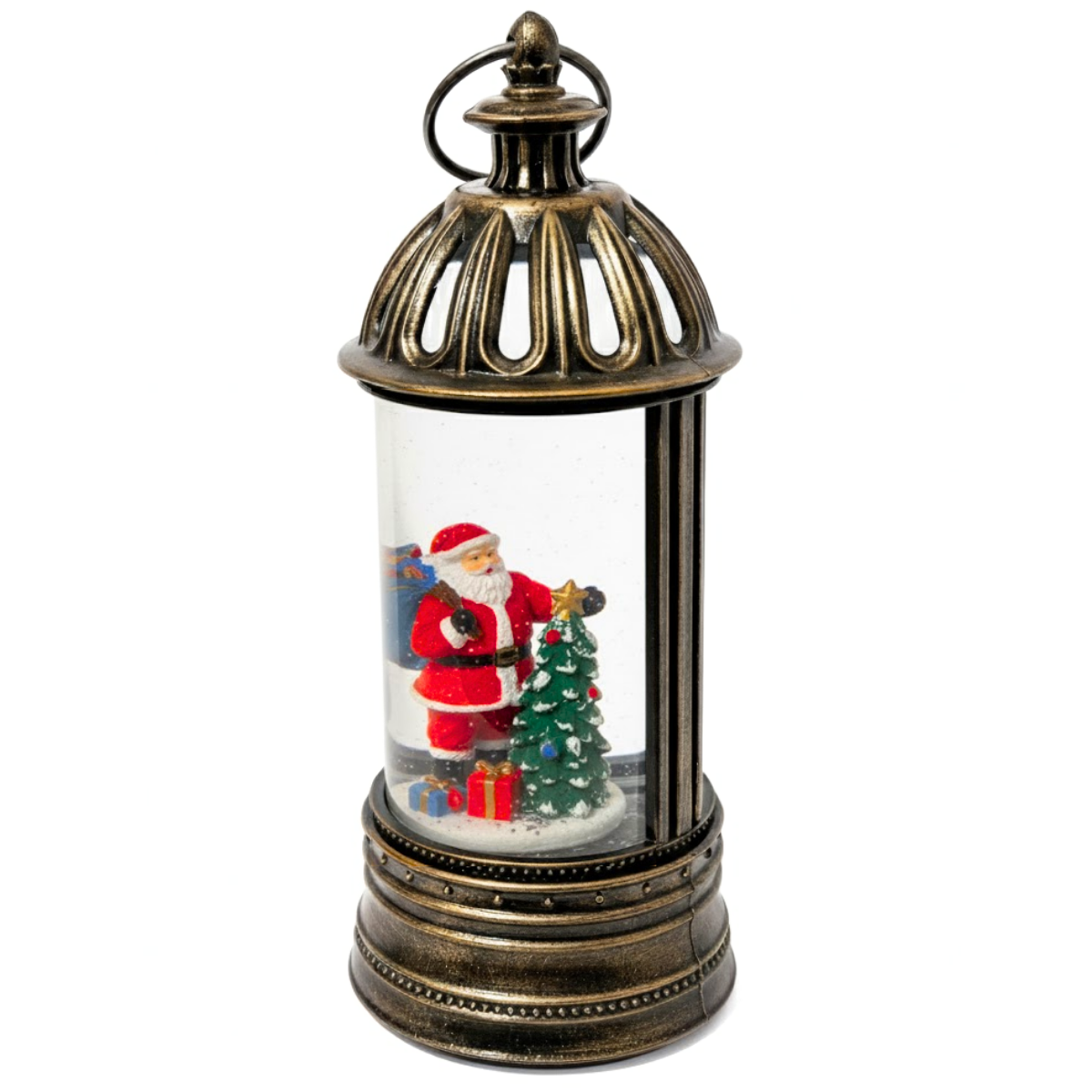 Felinar Decorativ Muzical, Brad si Mos Craciun, Iluminare LED calda, Zapada in Miscare, Alimentare USB sau Baterii