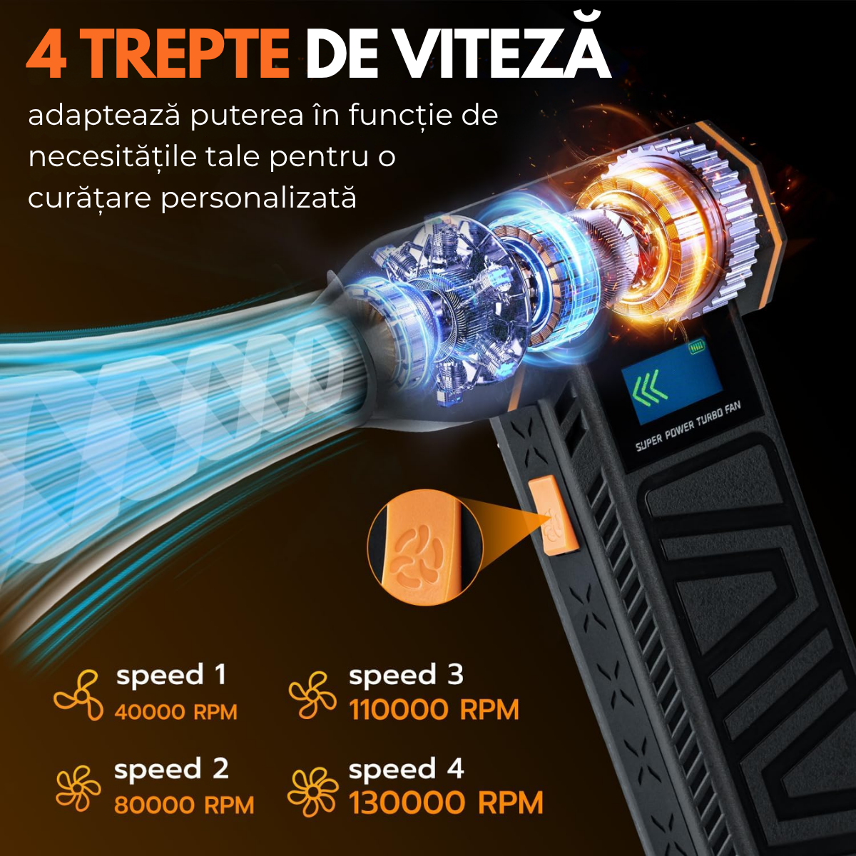 Suflanta Aer Turbo Multifunctionala, Portabila, Acumulator Reincarcabil 4000mAh, Viteza de Rotatie 130000 rpm, Negru-Portocaliu