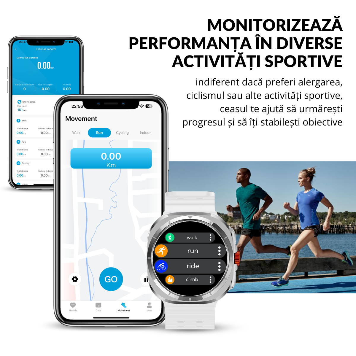 Ceas smartwatch de barbati, Ecran Tactil LCD 1.52", Apel Bluetooth, Multi Sport, Monitorizare Sanatate, Alb, easyCTRL®