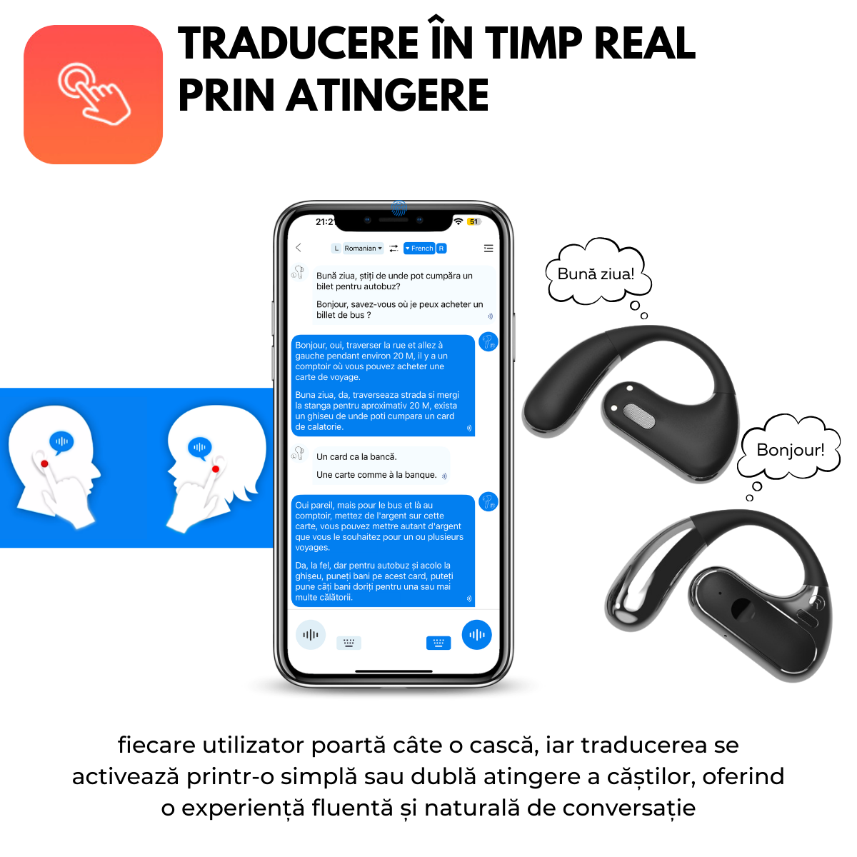 Casti cu Traducator pentru Conversatii in timp real, Constructie Metal, Open-Ear, 144 Limbi, Traducere Foto, Bluetooth 5.4, Control tactil, Carcasa de incarcare, S10, easyCTRL®