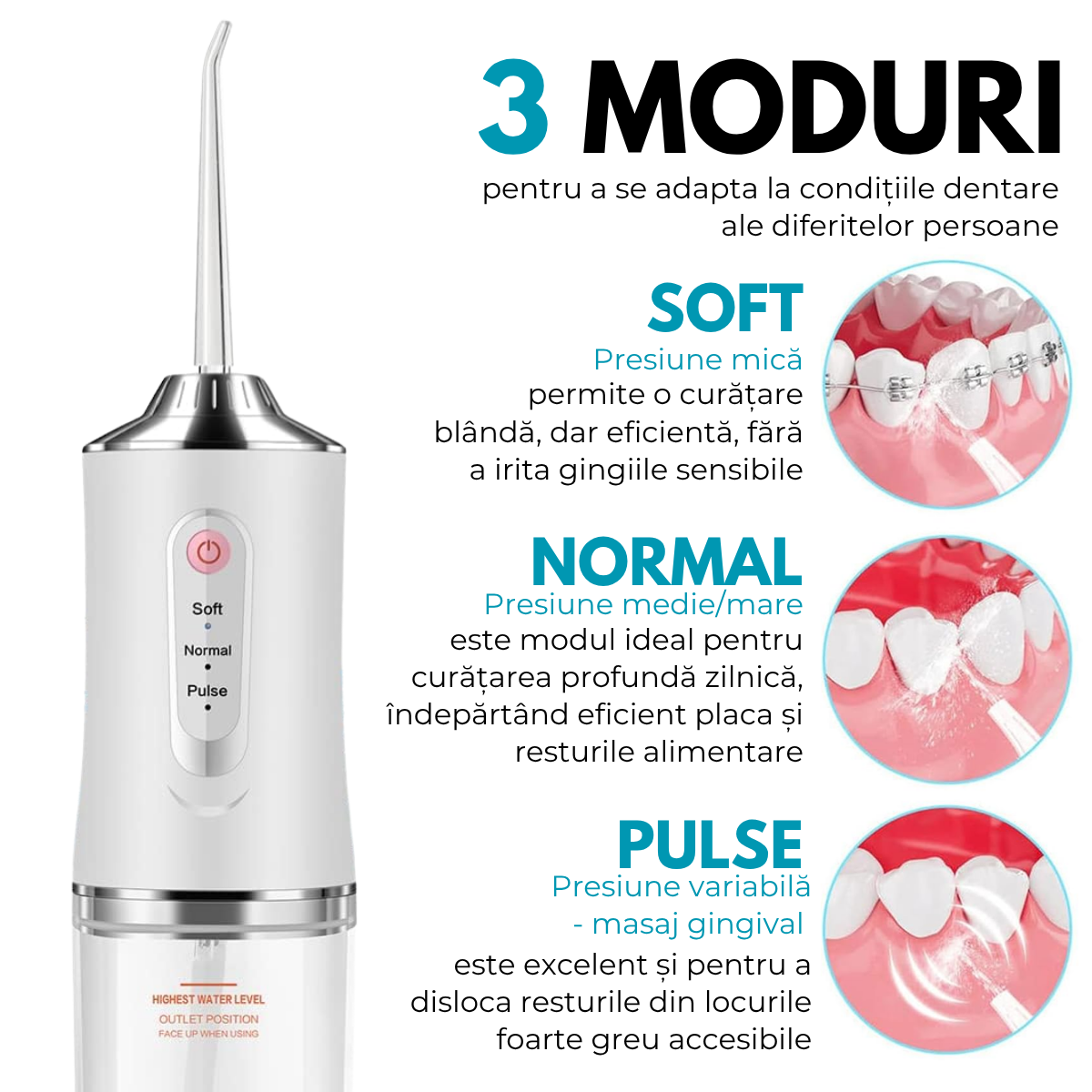 Irigator Oral Profesional, Dus Bucal Portabil, 4 Capete, 3 Moduri de Curatare, Rezervor 230ml, Alb