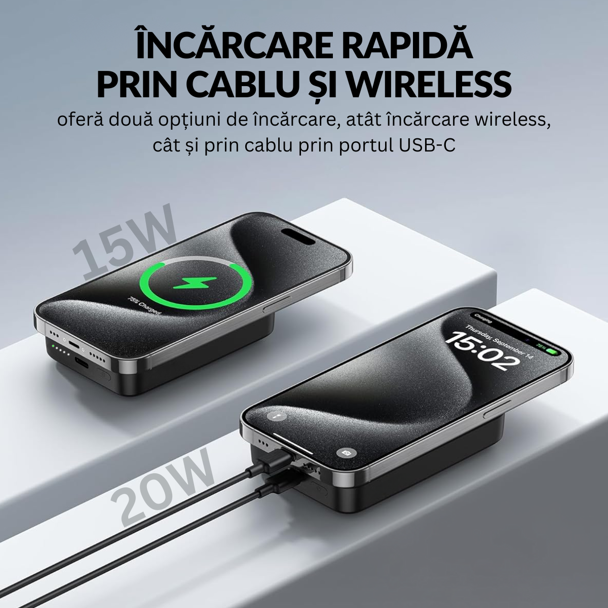 Baterie Externa Wireless, 10000mAh, Portabila, Compatibila Magsafe iPhone 16/15/14/13/12/Pro/Mini/Pro Max si Android, Incarcare Rapida Magnetica 15W, Prin Cablu Type-C 20W, easyCTRL®
