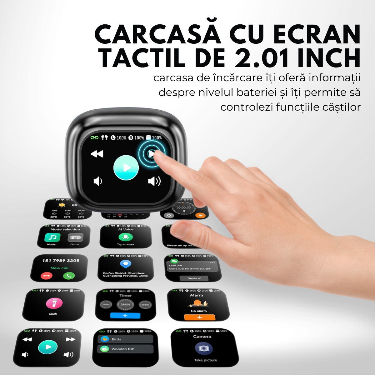 Casti cu Traducator pentru Conversatii in timp real, 144 Limbi, Traducere Foto, Carcasa incarcare cu Touch Screen, Bluetooth 5.4, Control tactil, T7, Negru, easyCTRL®