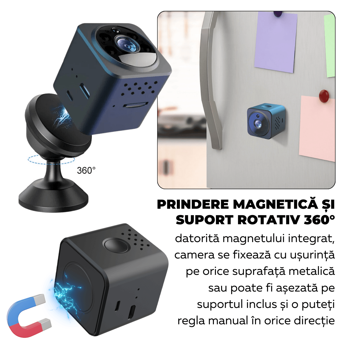 Mini Camera Ascunsa, Wi-Fi, Prindere magnetica, Suport rotativ 360°, Monitorizare video in timp real, Night Vision, Detectare miscare, AS02, easyCTRL®