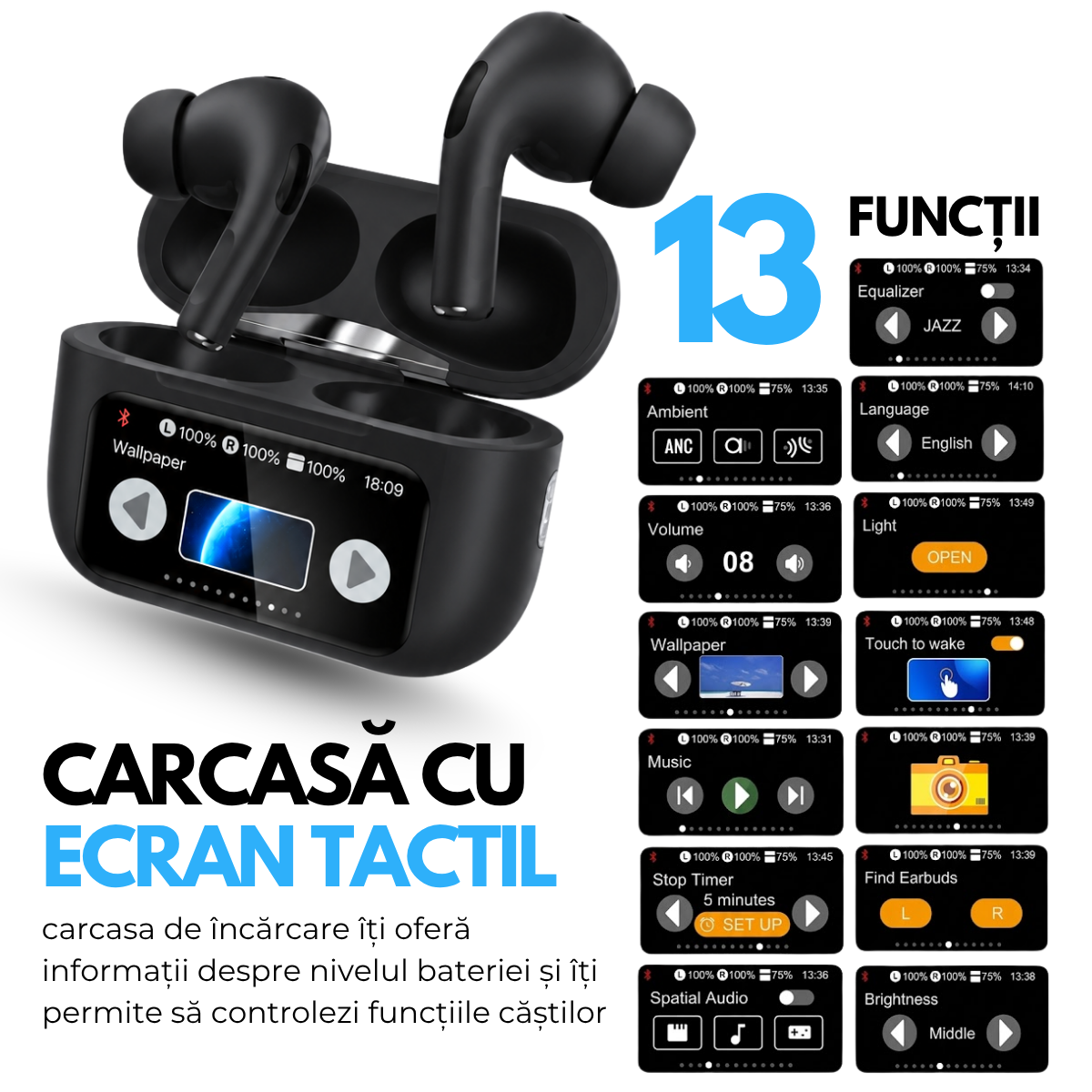 Casti cu Traducator A9 Pro, 151 Limbi Straine, Dialecte, Carcasa incarcare cu Touch Screen, Control tactil, A9pro, Negru, easyCTRL®