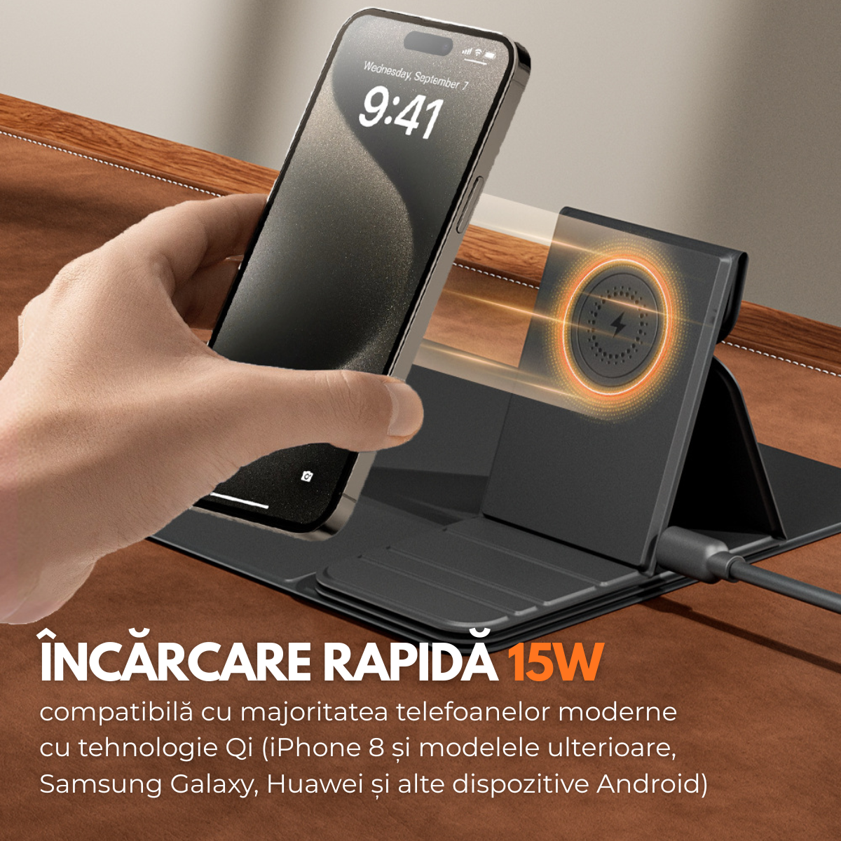 Mousepad cu Incarcator Wireless Pliabil, 2 in 1, 15W, Magsafe, Compatibil iPhone, Samsung, Huawei, Xiaomi, USB-C, Negru