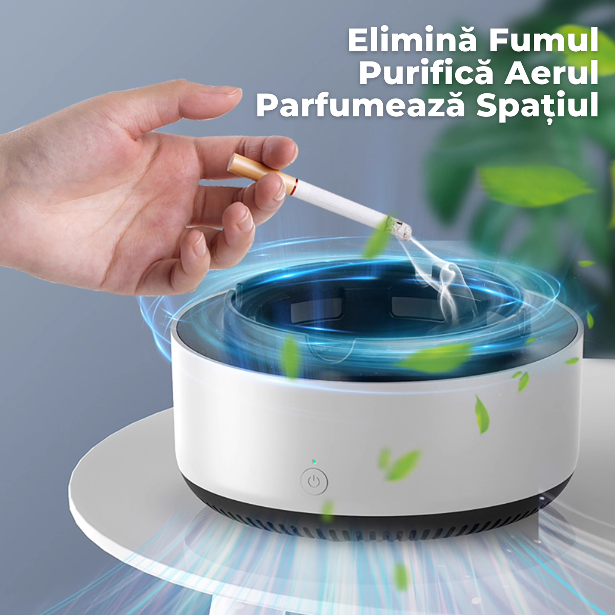 Scrumiera Electrica Multifunctionala 3-in-1, Aspirare Fum 360°, Purificare Aer, Tableta Odorizanta, Oprire Automata, Alimentare pe Baterii, easyCTRL®