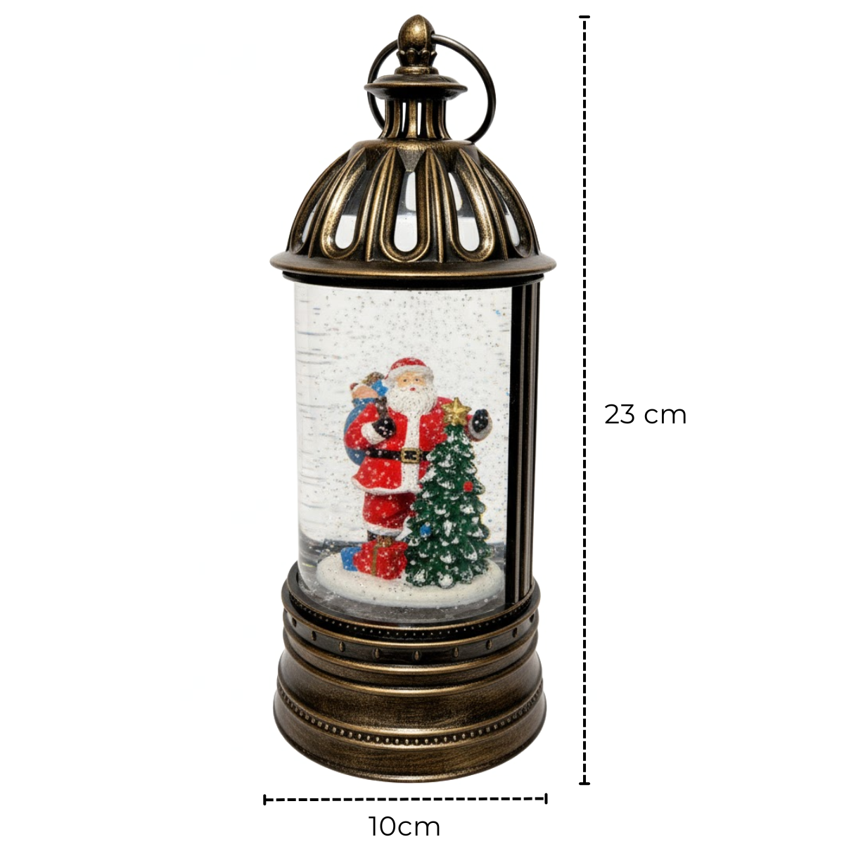 Felinar Decorativ Muzical, Brad si Mos Craciun, Iluminare LED calda, Zapada in Miscare, Alimentare USB sau Baterii