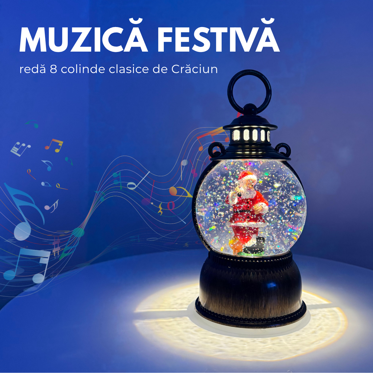 Felinar Decorativ Muzical, Mos Craciun, Glob 12cm, Iluminare LED calda, Zapada in Miscare, Alimentare USB/Baterii