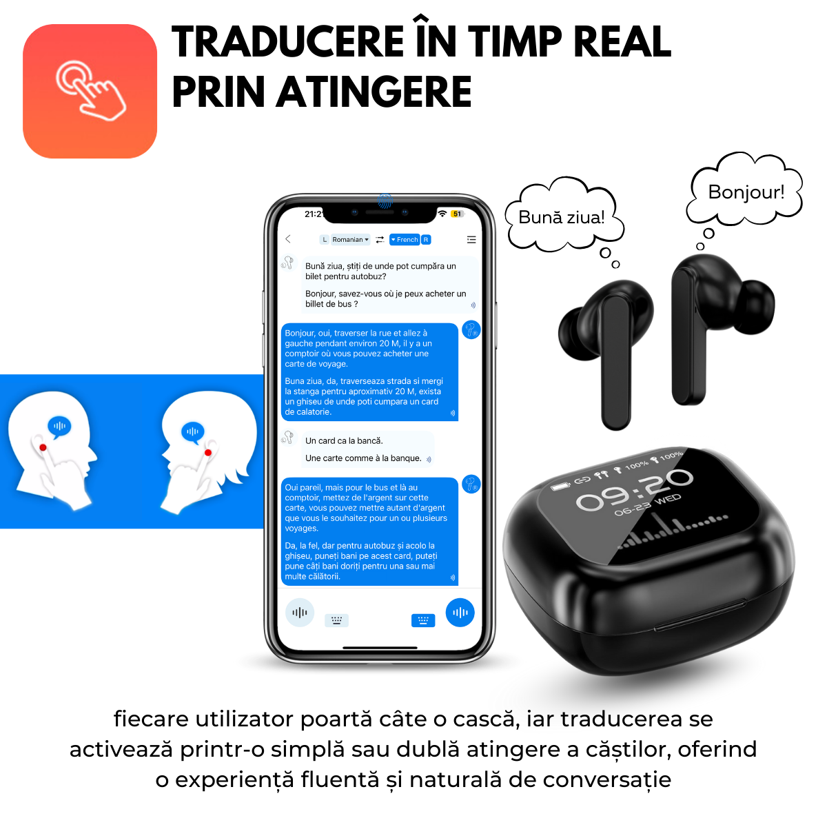 Casti cu Traducator pentru Conversatii in timp real, 144 Limbi, Traducere Foto, Carcasa incarcare cu Touch Screen, Bluetooth 5.4, Control tactil, T7, Negru, easyCTRL®