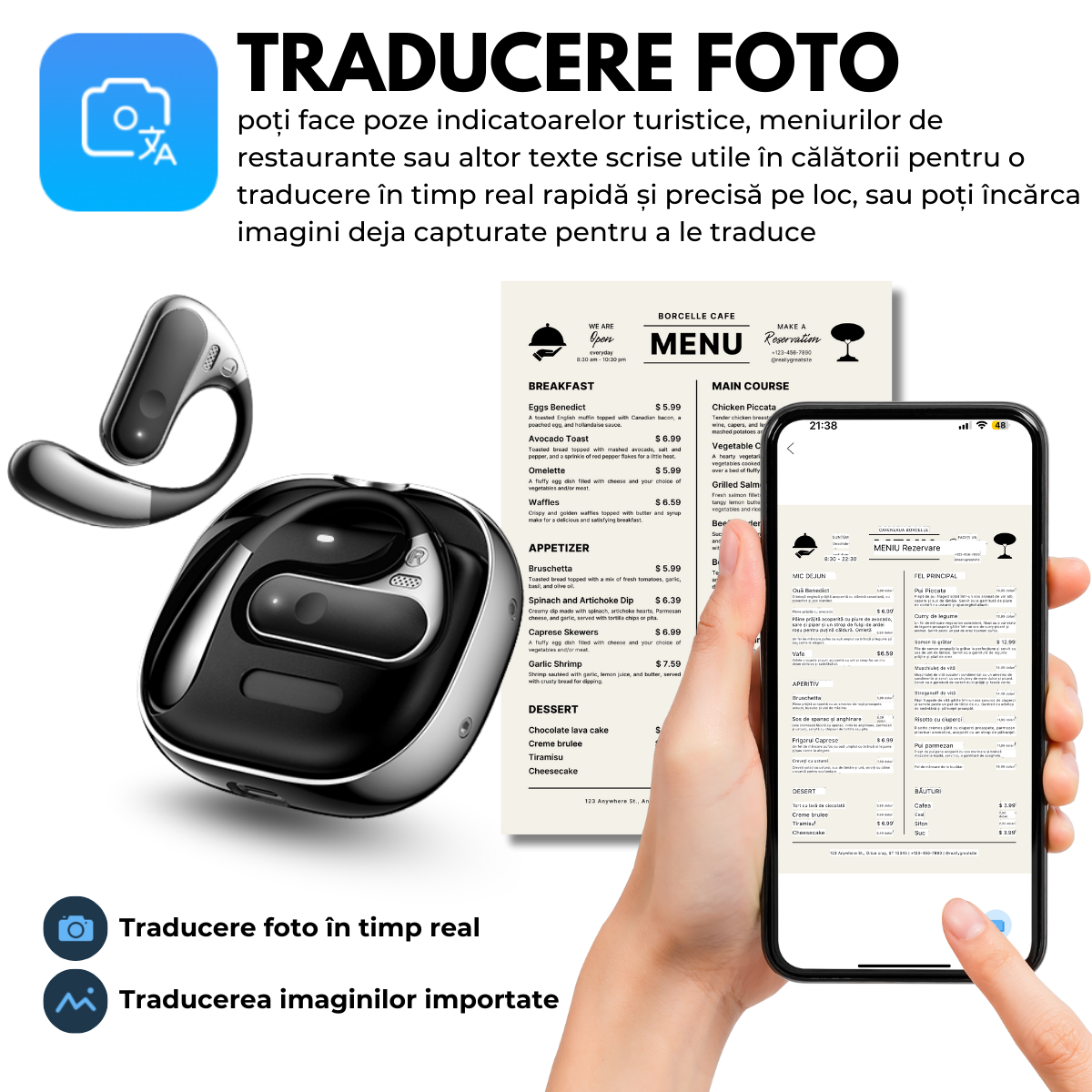 Casti cu Traducator pentru Conversatii in timp real, Constructie Metal, Open-Ear, 144 Limbi, Traducere Foto, Bluetooth 5.4, Control tactil, Carcasa de incarcare, S10, easyCTRL®