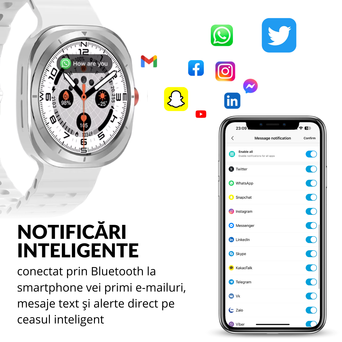 Ceas smartwatch de barbati, Ecran Tactil LCD 1.52", Apel Bluetooth, Multi Sport, Monitorizare Sanatate, Alb, easyCTRL®