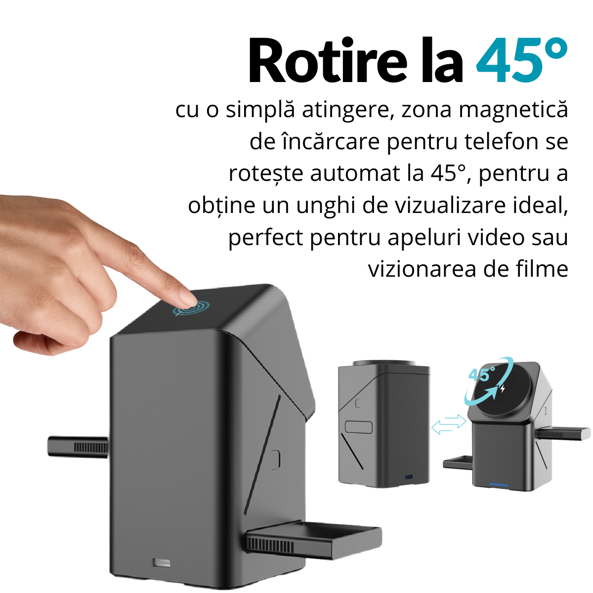 Behúzható vezeték nélküli töltő, 45°-ban elforgatható, 3 az 1-ben töltőállomás, Magsafe, kompatibilis a következőkkel: iPhone, Samsung, Huawei, Xiaomi, Apple Watch, AirPods, USB-C, mágneses, szürke, easyCTRL®