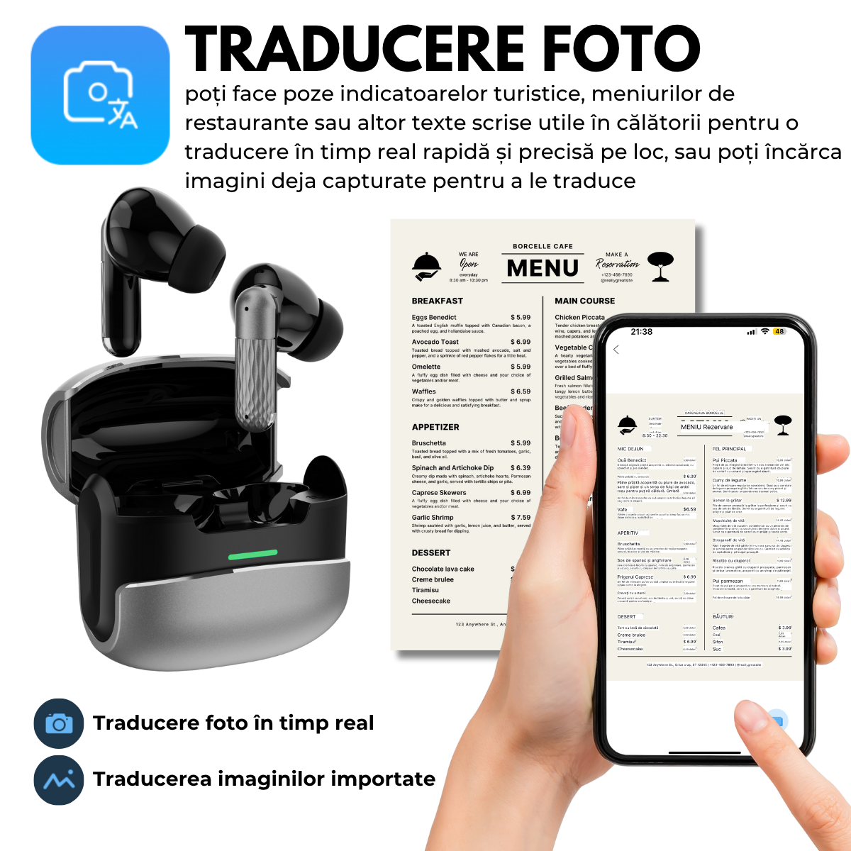 Casti cu Traducator pentru Conversatii in timp real, 144 Limbi, Metal, Traducere Foto, Bluetooth 5.4, Control tactil, Carcasa de incarcare, K505, easyCTRL®