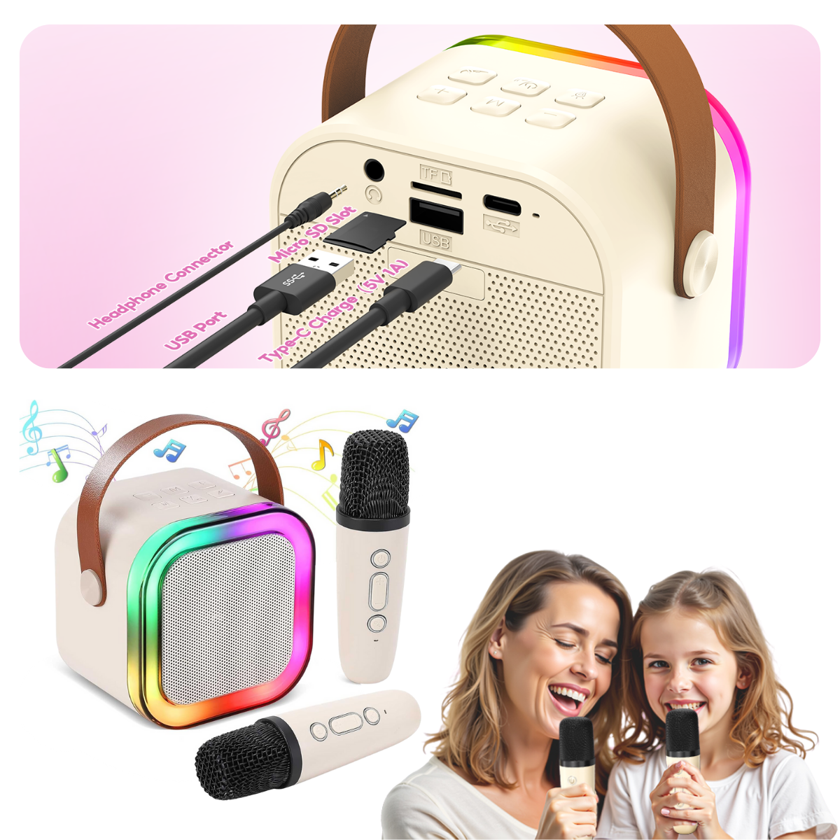 Set Karaoke cu Boxa Bluetooth si 2 Microfoane Wireless, Lumini LED RGB Dinamice, Incarcare Type-C, Port AUX, Slot Card TF, Crem, easyCTRL®