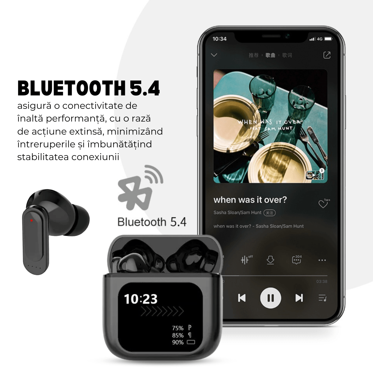 Vezeték nélküli, fülbe helyezhető fejhallgató, érintőképernyős tok, Bluetooth 5.4, érintésvezérlés, zajszűrő ANC + ENC, easyCTRL®, fekete