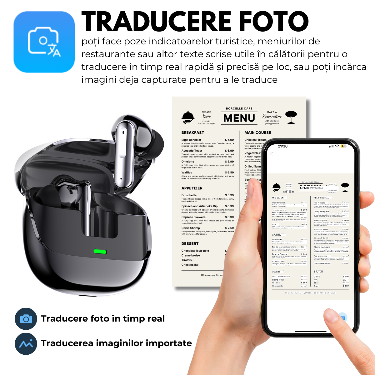 Casti cu Traducator pentru Conversatii in timp real, 144 Limbi, Traducere Foto, Bluetooth 5.4, Carcasa de incarcare