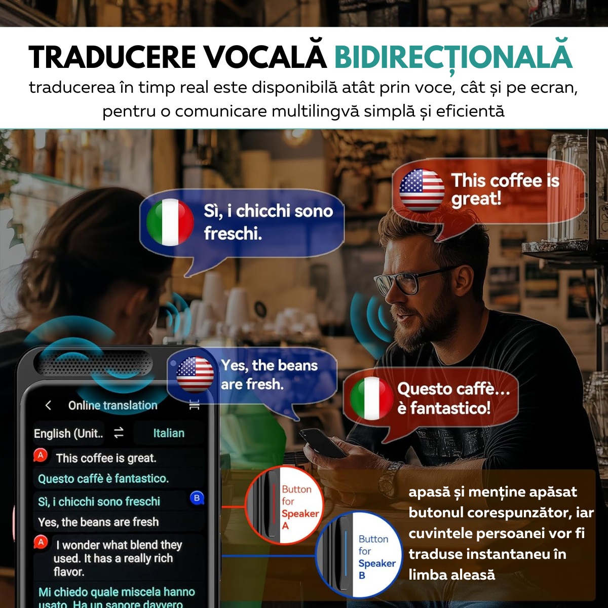 Traducator Inteligent M3 Pro, Asistent AI, Bluetooth, 139+ Limbi, Traducere Vocala, Traducere Foto, Traducere Inregistrari, Ecran tactil 4.1 inch, Schimb Valutar, 8GB, easyCTRL®