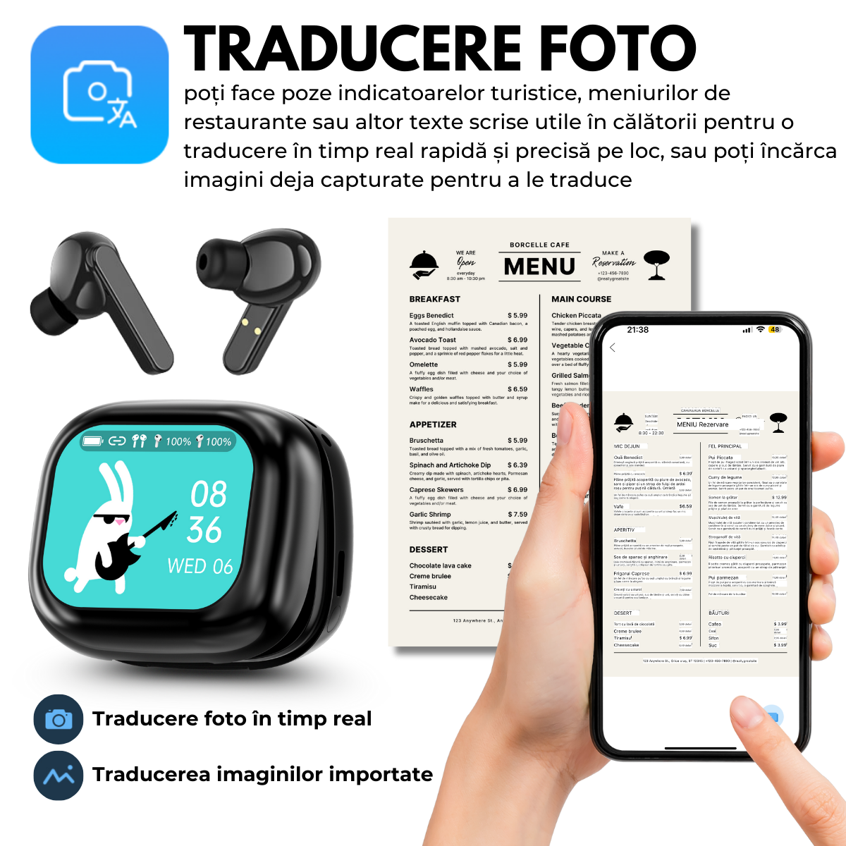 Casti cu Traducator pentru Conversatii in timp real, 144 Limbi, Traducere Foto, Carcasa incarcare cu Touch Screen, Bluetooth 5.4, Control tactil, T7, Negru, easyCTRL®