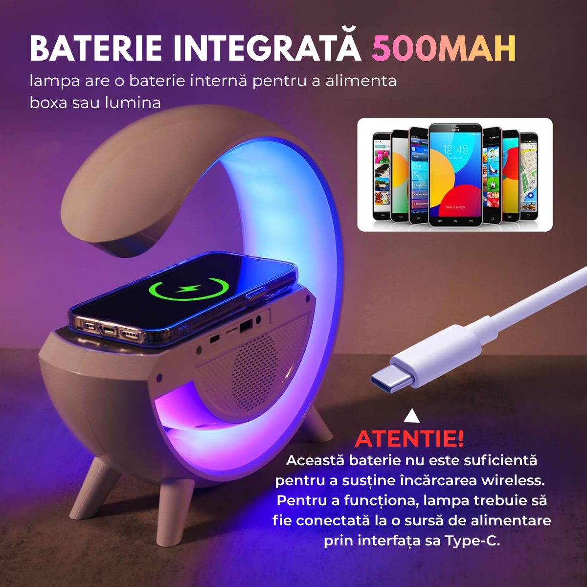Lampa Inteligenta cu Lumini LED RGB, Incarcator Wireless 15W, Boxa Bluetooth, Radio FM, Ceas Digital, Alarma, Incarcare Type-C, Port AUX, Slot Card TF, Alb, easyCTRL®