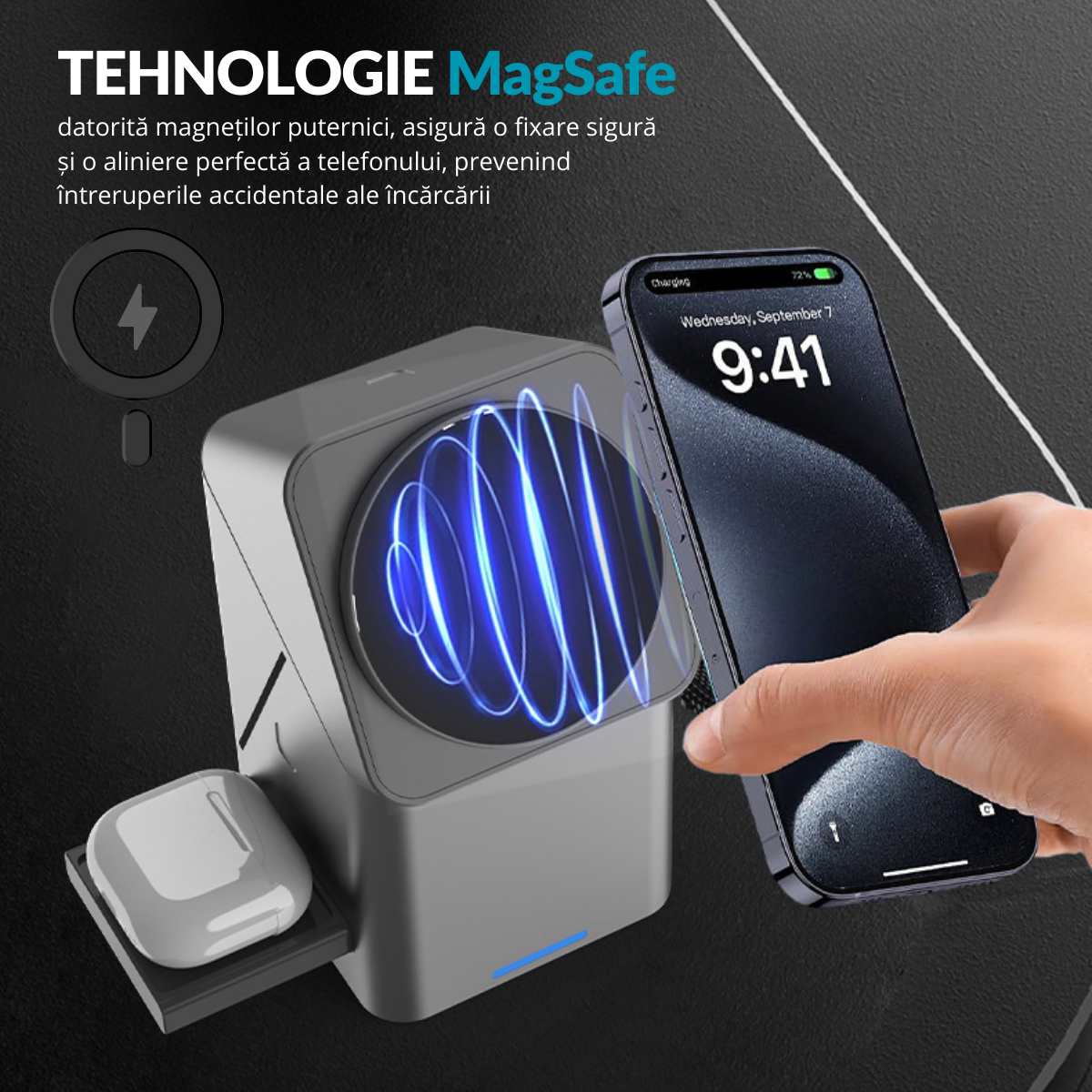 Behúzható vezeték nélküli töltő, 45°-ban elforgatható, 3 az 1-ben töltőállomás, Magsafe, kompatibilis a következőkkel: iPhone, Samsung, Huawei, Xiaomi, Apple Watch, AirPods, USB-C, mágneses, szürke, easyCTRL®
