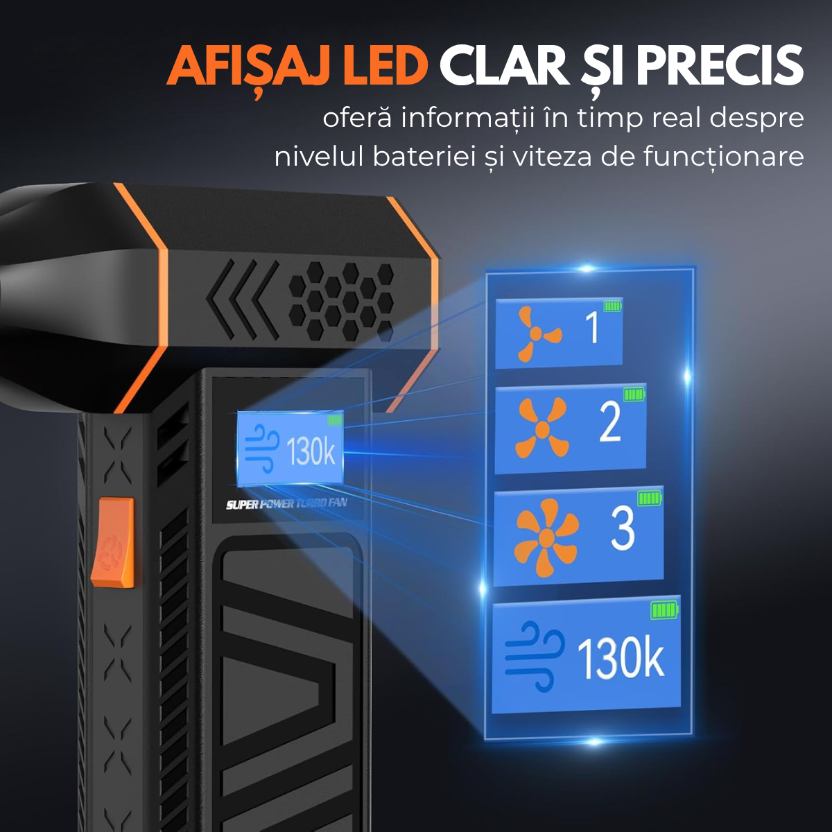 Suflanta Aer Turbo Multifunctionala, Portabila, Acumulator Reincarcabil 4000mAh, Viteza de Rotatie 130000 rpm, Negru-Portocaliu