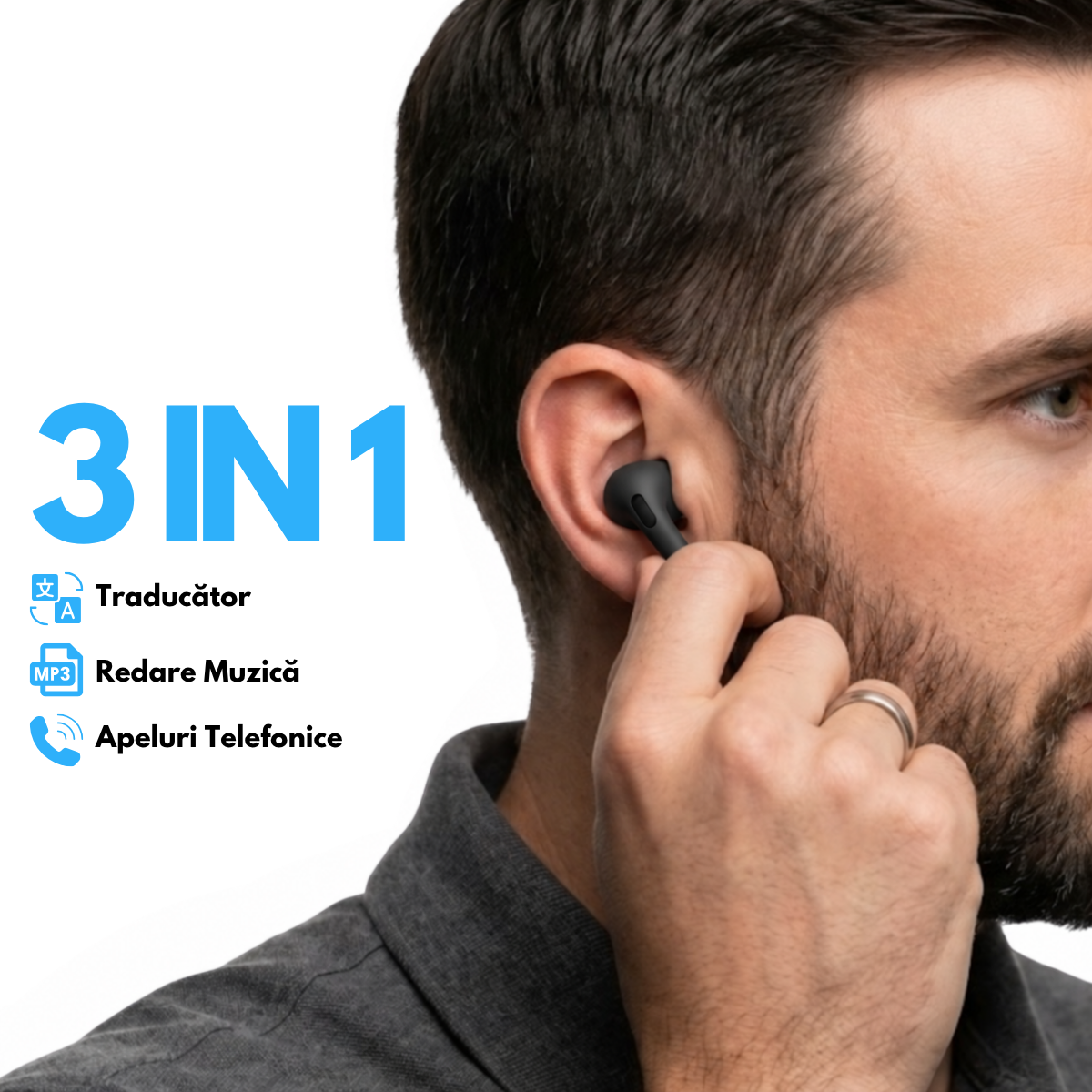 Casti cu Traducator A9 Pro, 151 Limbi Straine, Dialecte, Carcasa incarcare cu Touch Screen, Control tactil, A9pro, Negru, easyCTRL®