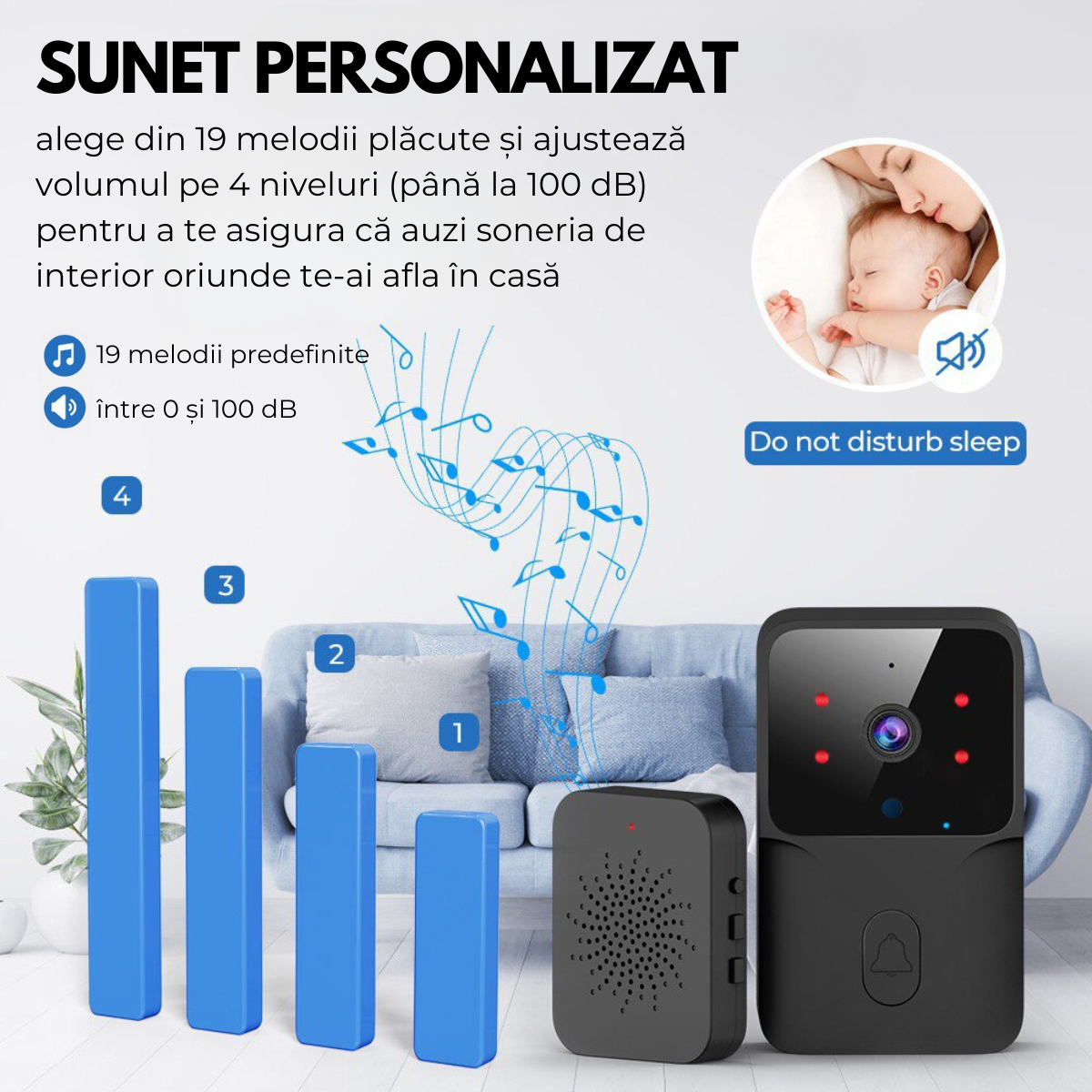 Sonerie Video Inteligenta, Fara Fir Wireless, Comunicare bidirectionala, Control de la distanta prin Aplicatie, Sonerie interior, Baterie Reincarcabila, 75°, Night Vision, easyCTRL®