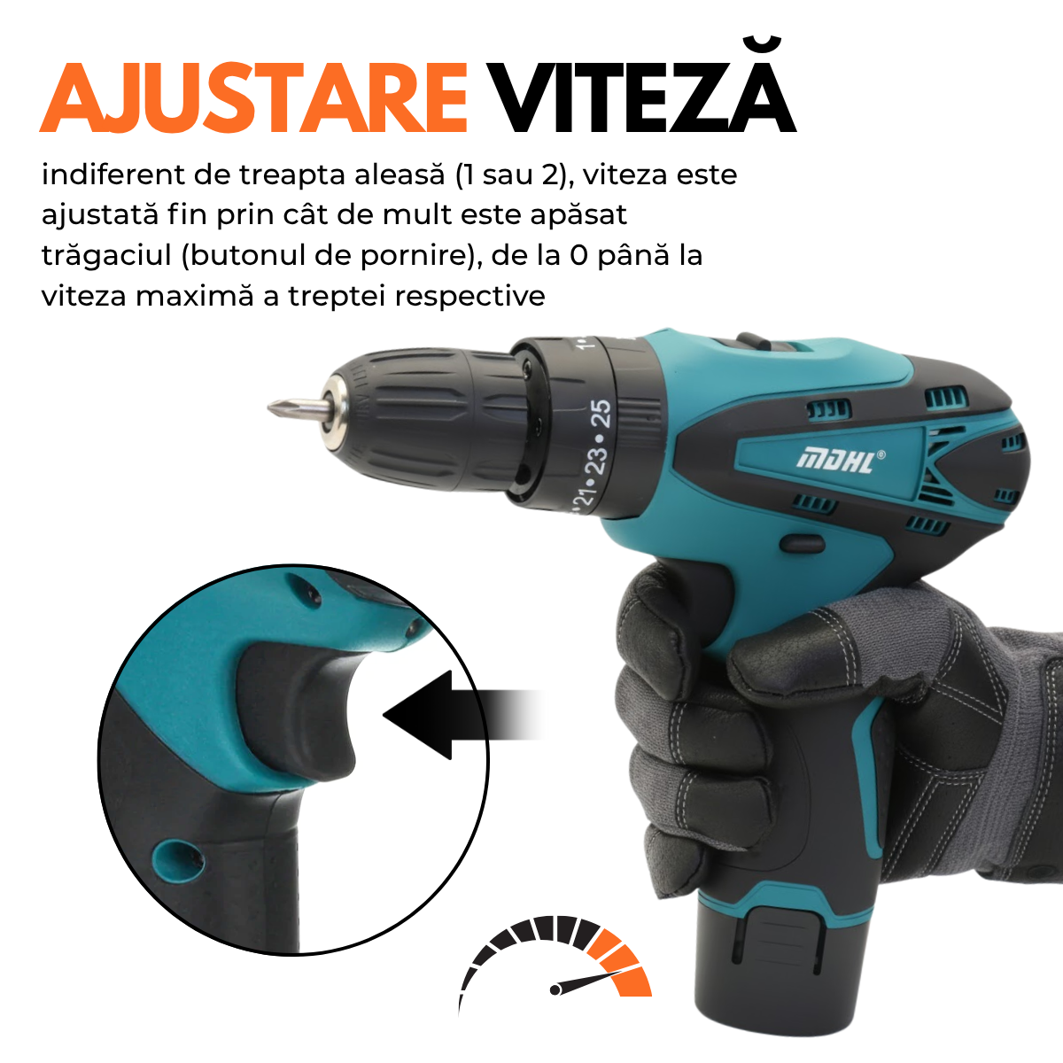 Masina de gaurit si insurubat, Bormasina cu percutie, Cutie cu 25 accesorii, 2 Acumulatori 48V, 2 trepte 350/1350 RPM, Cuplu 32 Nm, Mandrina 10mm