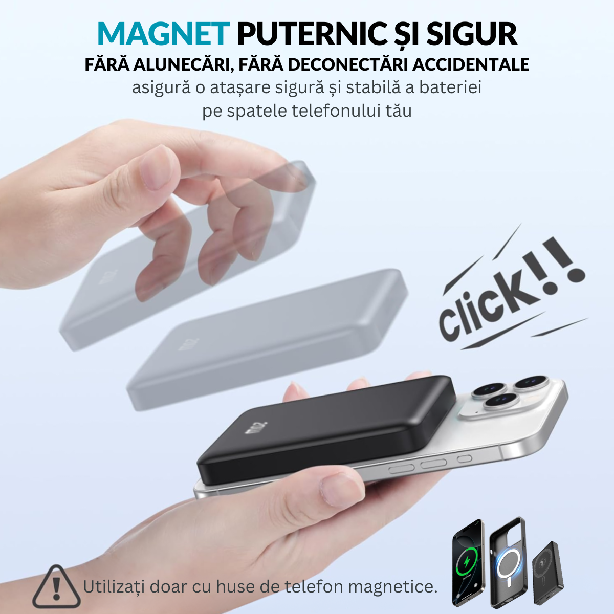 Baterie Externa Wireless, 10000mAh, Portabila, Compatibila Magsafe iPhone 16/15/14/13/12/Pro/Mini/Pro Max si Android, Incarcare Rapida Magnetica 15W, Prin Cablu Type-C 20W, easyCTRL®