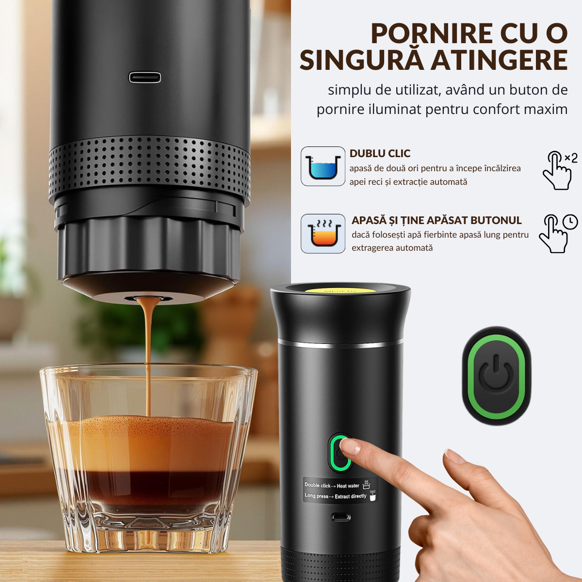 Espressor Portabil 3 in 1, Capsule Nespresso, Nescafe Dolce Gusto, Cafea macinata, 20 bar, 72W, Baterie 7500mAh,  easyCTRL®