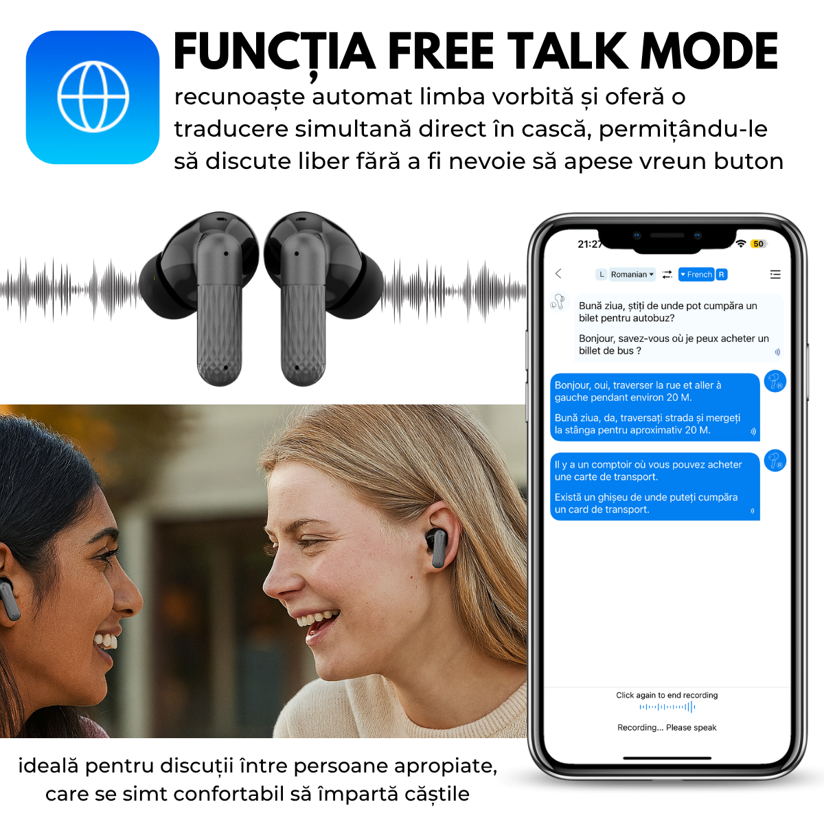 Casti cu Traducator pentru Conversatii in timp real, 144 Limbi, Metal, Traducere Foto, Bluetooth 5.4, Control tactil, Carcasa de incarcare, K505, easyCTRL®