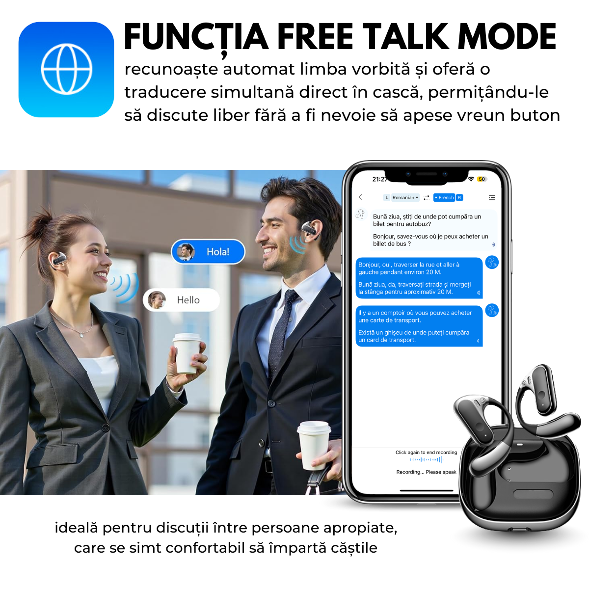 Casti cu Traducator pentru Conversatii in timp real, Constructie Metal, Open-Ear, 144 Limbi, Traducere Foto, Bluetooth 5.4, Control tactil, Carcasa de incarcare, S10, easyCTRL®