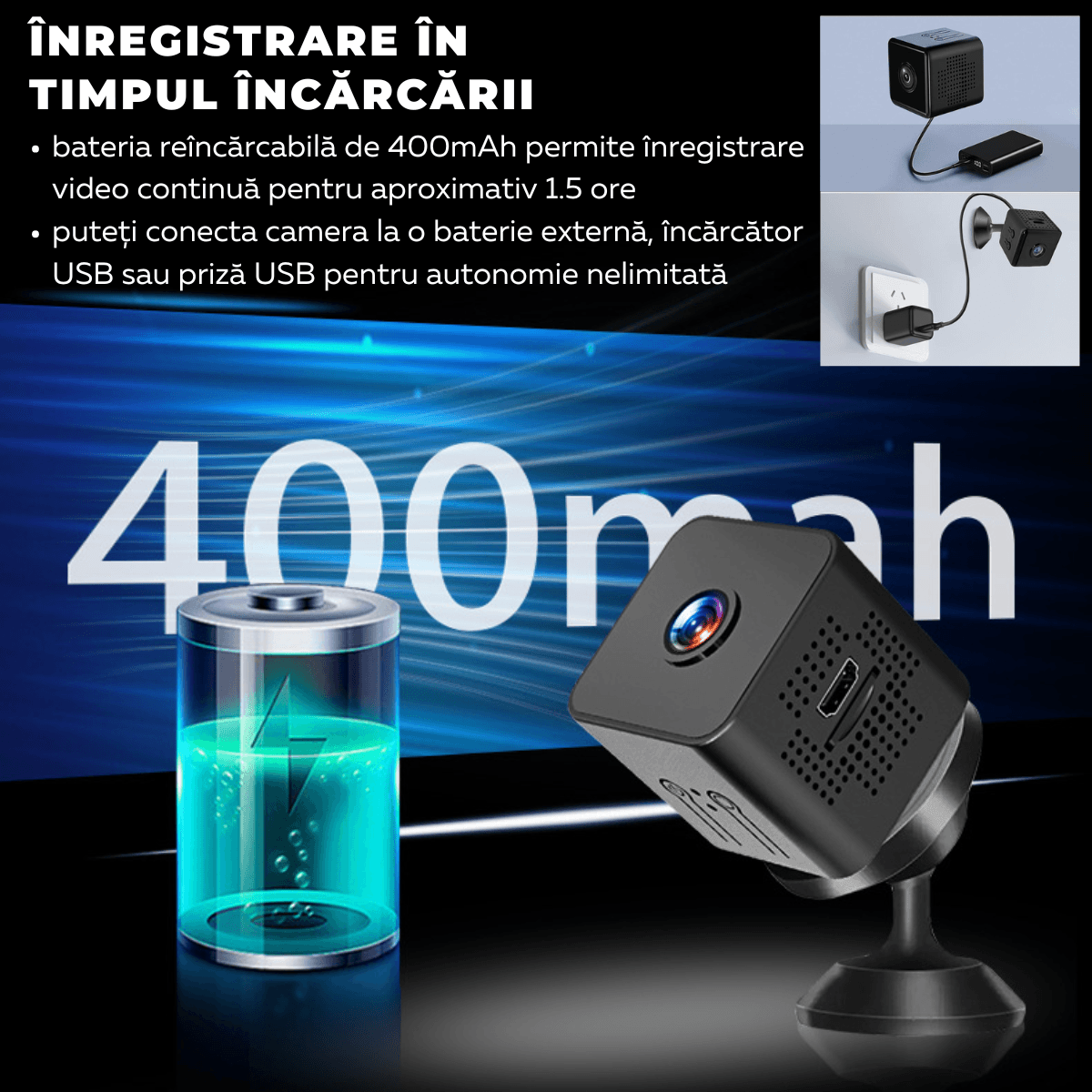 Mini Camera Ascunsa, Wi-Fi, Prindere magnetica, Suport rotativ 360°, Monitorizare video in timp real, Night Vision, Detectare miscare, X1, easyCTRL®