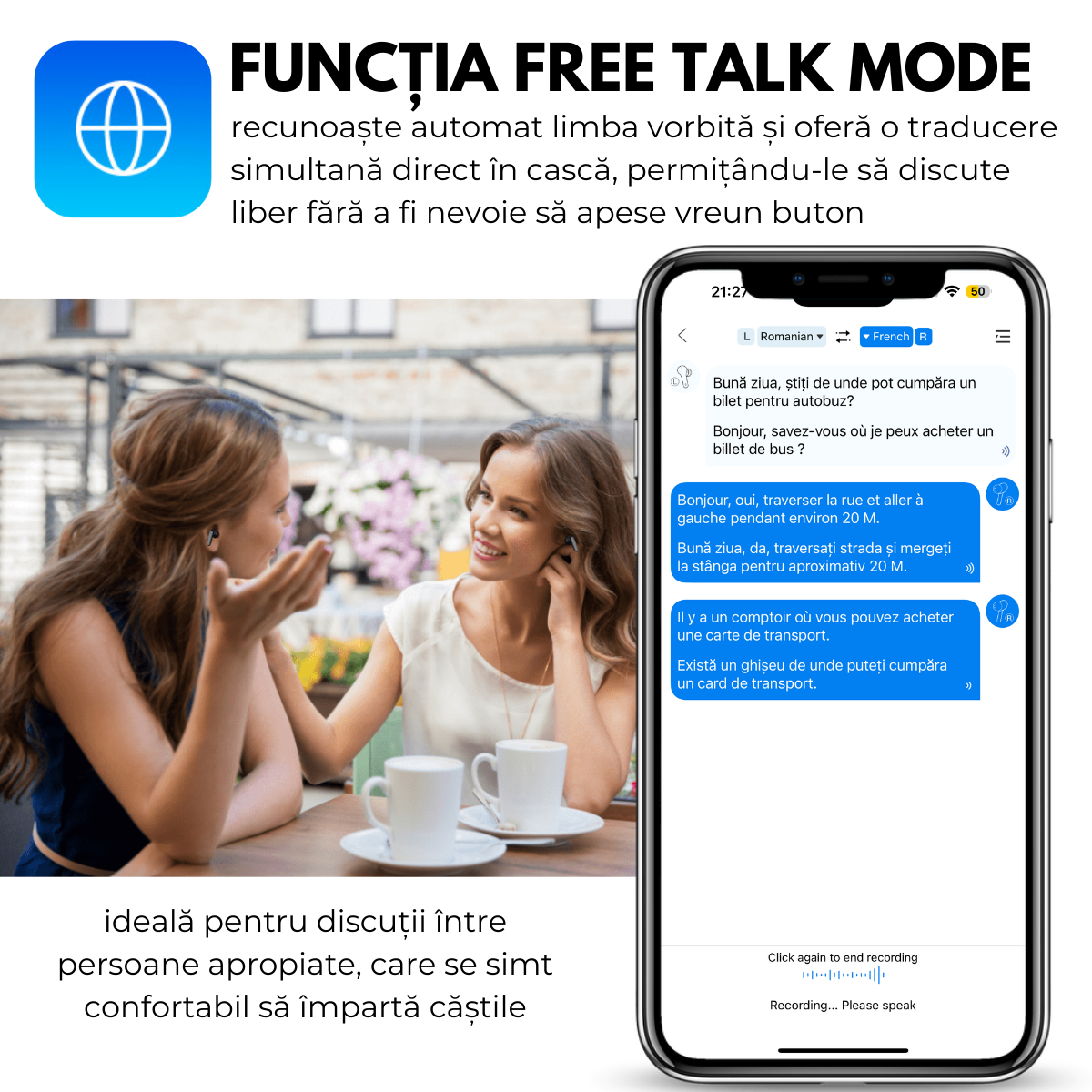 Casti cu Traducator pentru Conversatii in timp real, 144 Limbi, Traducere Foto, Bluetooth 5.4, Carcasa de incarcare