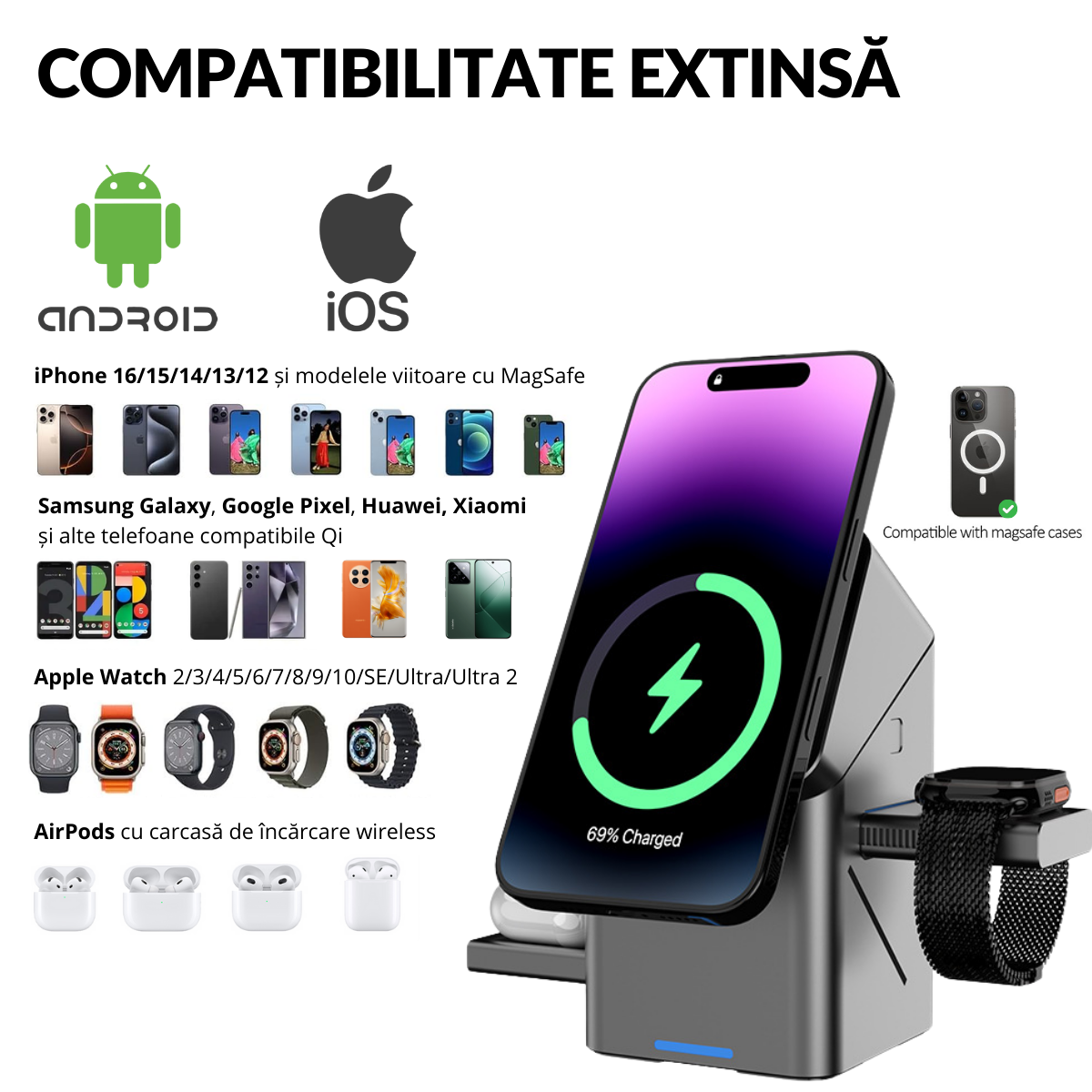 Behúzható vezeték nélküli töltő, 45°-ban elforgatható, 3 az 1-ben töltőállomás, Magsafe, kompatibilis a következőkkel: iPhone, Samsung, Huawei, Xiaomi, Apple Watch, AirPods, USB-C, mágneses, szürke, easyCTRL®