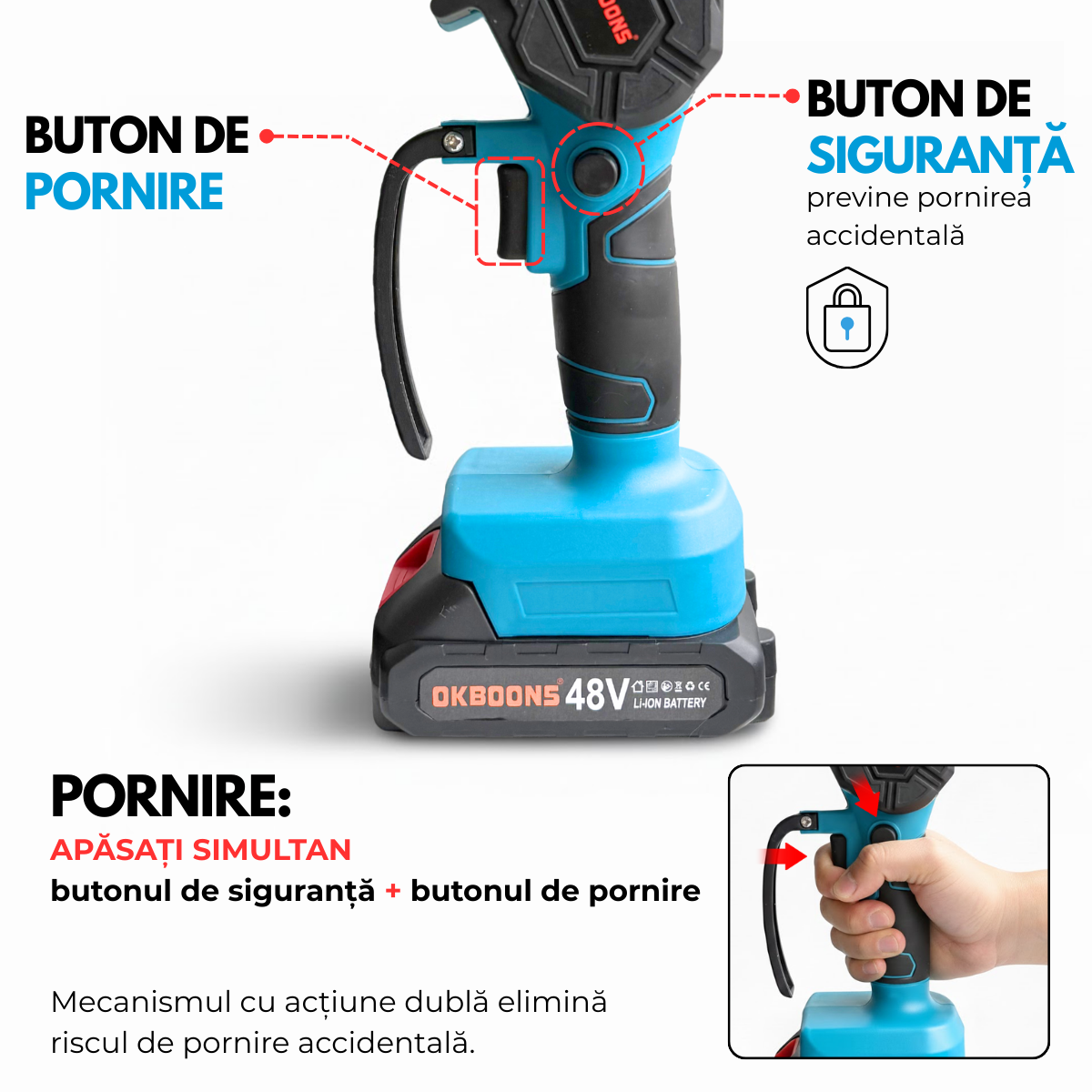 Mini Drujba Electrica Portabila, Fierastrau, 2 Acumulatori, 2 Lanturi, Buton de siguranta, Aparatoare mobila