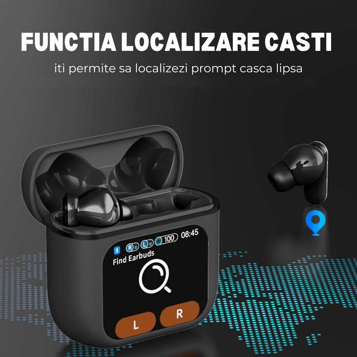 Vezeték nélküli, fülbe helyezhető fejhallgató, érintőképernyős tok, Bluetooth 5.4, érintésvezérlés, zajszűrő ANC + ENC, easyCTRL®, fekete