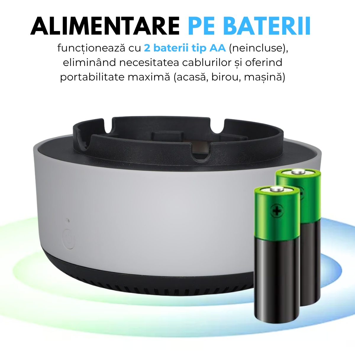 Scrumiera Electrica Multifunctionala 3-in-1, Aspirare Fum 360°, Purificare Aer, Tableta Odorizanta, Oprire Automata, Alimentare pe Baterii, easyCTRL®