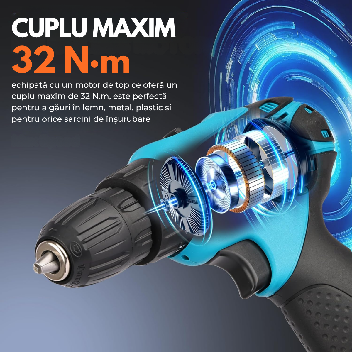 Masina de gaurit si insurubat, Bormasina cu percutie, Cutie cu 25 accesorii, 2 Acumulatori 48V, 2 trepte 350/1350 RPM, Cuplu 32 Nm, Mandrina 10mm