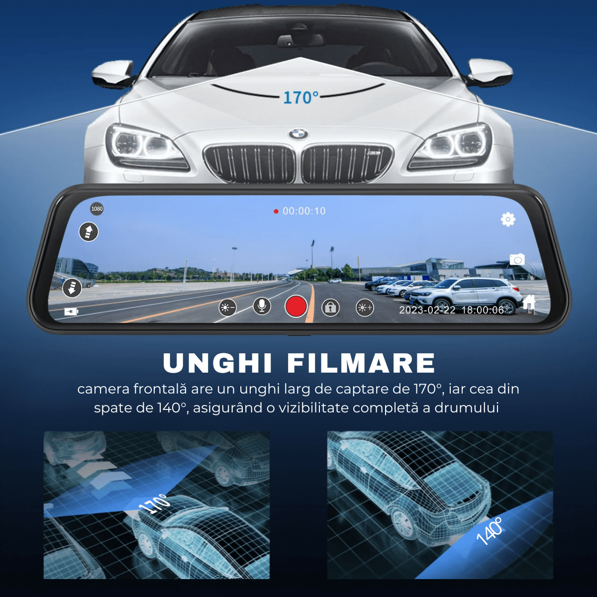 Camera Auto DVR Oglinda Retrovizoare, Fata/Spate, Touch Screen 10", Full HD, Unghi 170°, Mod Parcare, Senzor Miscare, G-Senzor, Camera Marsarier, easyCTRL®