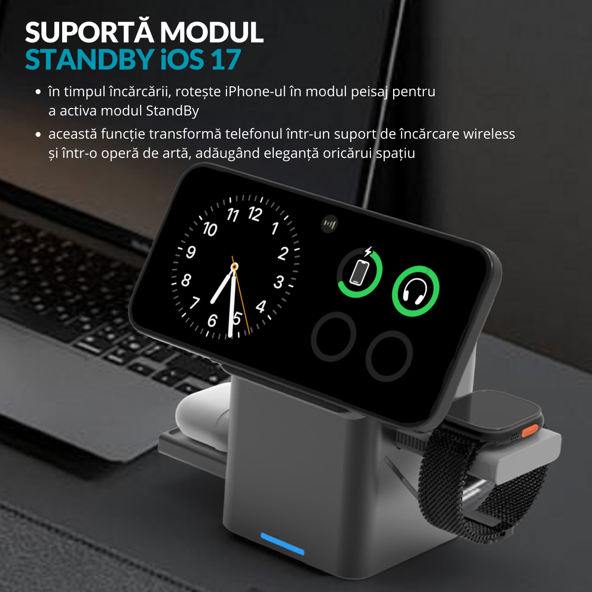 Behúzható vezeték nélküli töltő, 45°-ban elforgatható, 3 az 1-ben töltőállomás, Magsafe, kompatibilis a következőkkel: iPhone, Samsung, Huawei, Xiaomi, Apple Watch, AirPods, USB-C, mágneses, szürke, easyCTRL®