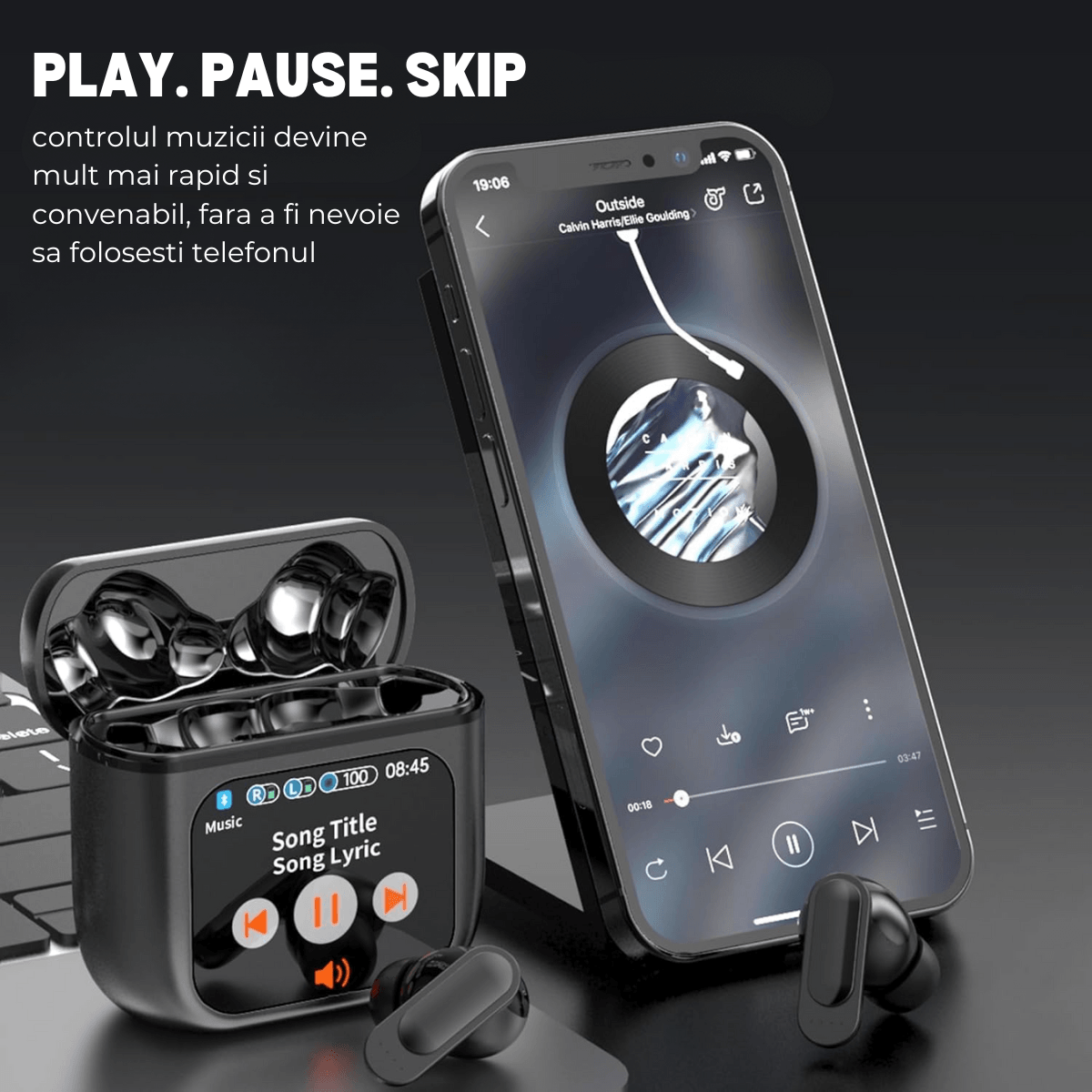 Vezeték nélküli, fülbe helyezhető fejhallgató, érintőképernyős tok, Bluetooth 5.4, érintésvezérlés, zajszűrő ANC + ENC, easyCTRL®, fekete