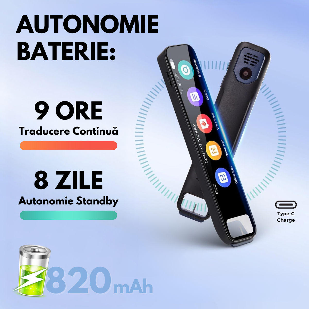 Traducator Inteligent cu ChatGPT, Wi-Fi, Bluetooth, 134+ Limbi, 8GB, Traducere vocala, Camera Foto, Scanare OCR, Reportofon, Dictionar, Calculator, GP1, easyCTRL®
