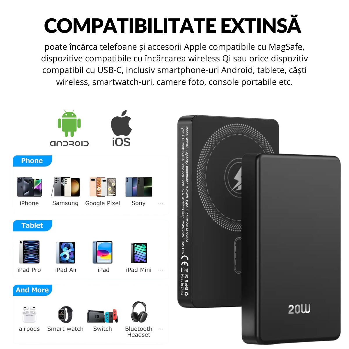 Baterie Externa Wireless, 10000mAh, Portabila, Compatibila Magsafe iPhone 16/15/14/13/12/Pro/Mini/Pro Max si Android, Incarcare Rapida Magnetica 15W, Prin Cablu Type-C 20W, easyCTRL®
